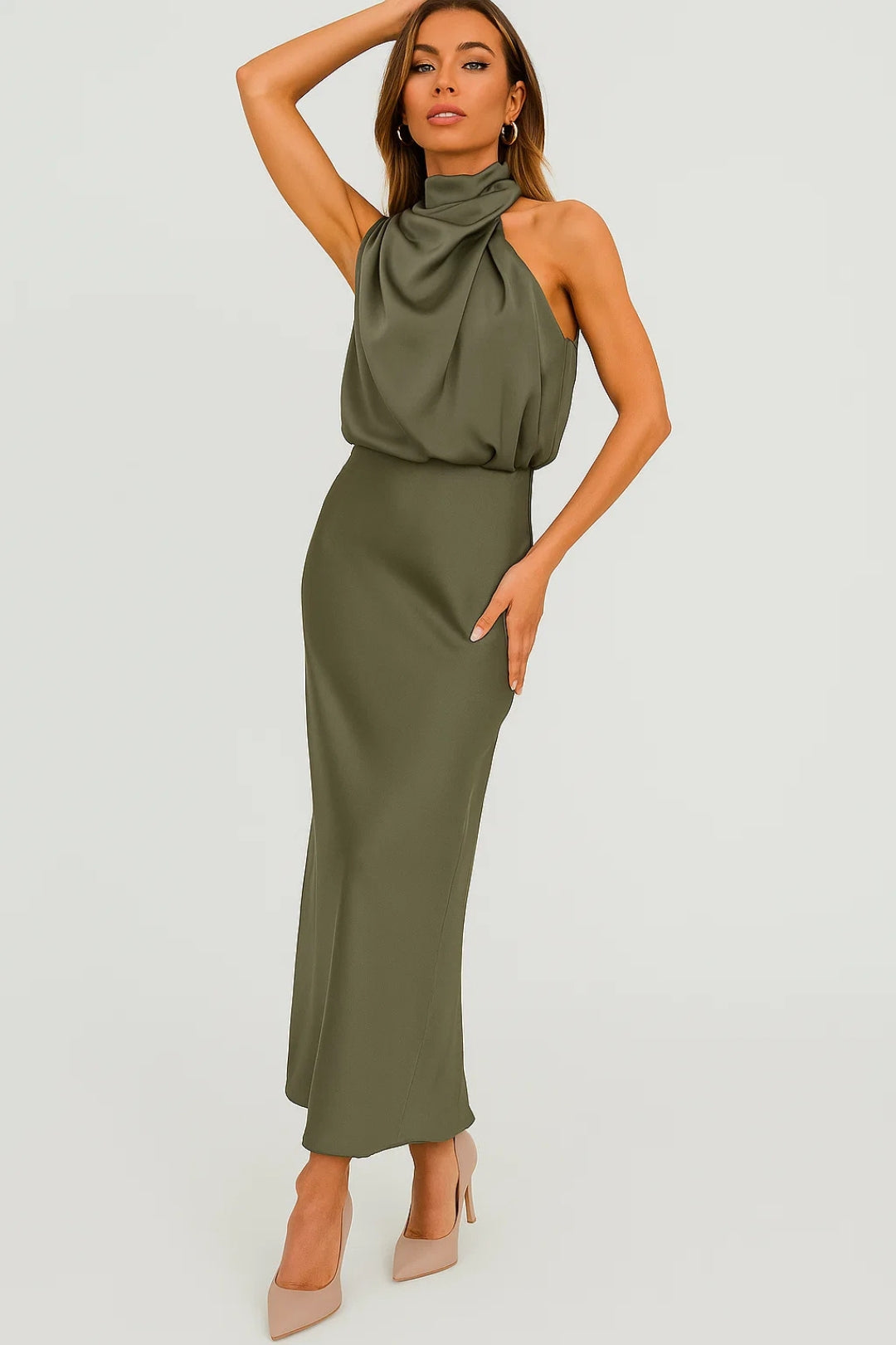 Long Satin Dress | Draped Neckline | Modern Elegance