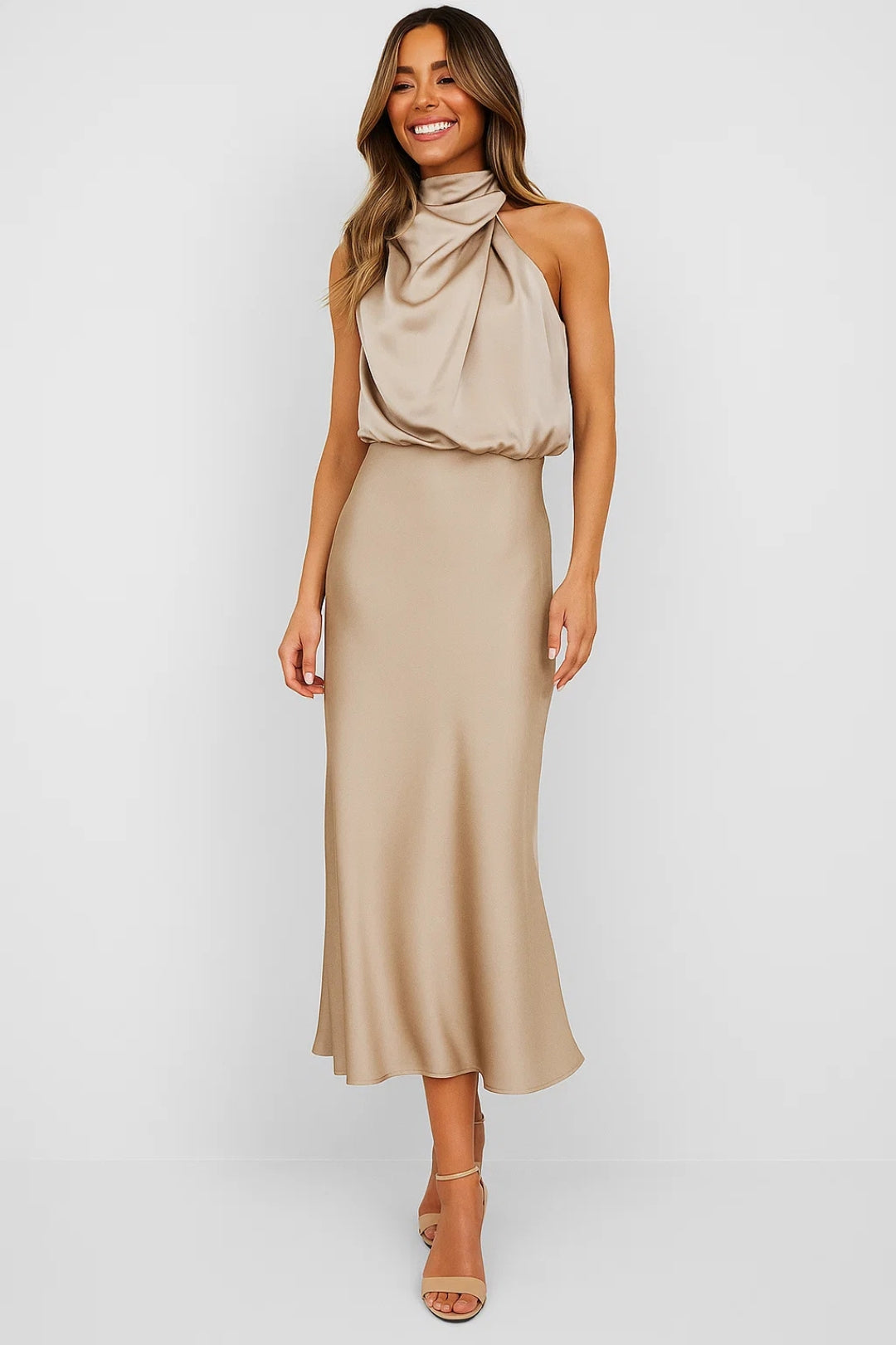 Long Satin Dress | Draped Neckline | Modern Elegance