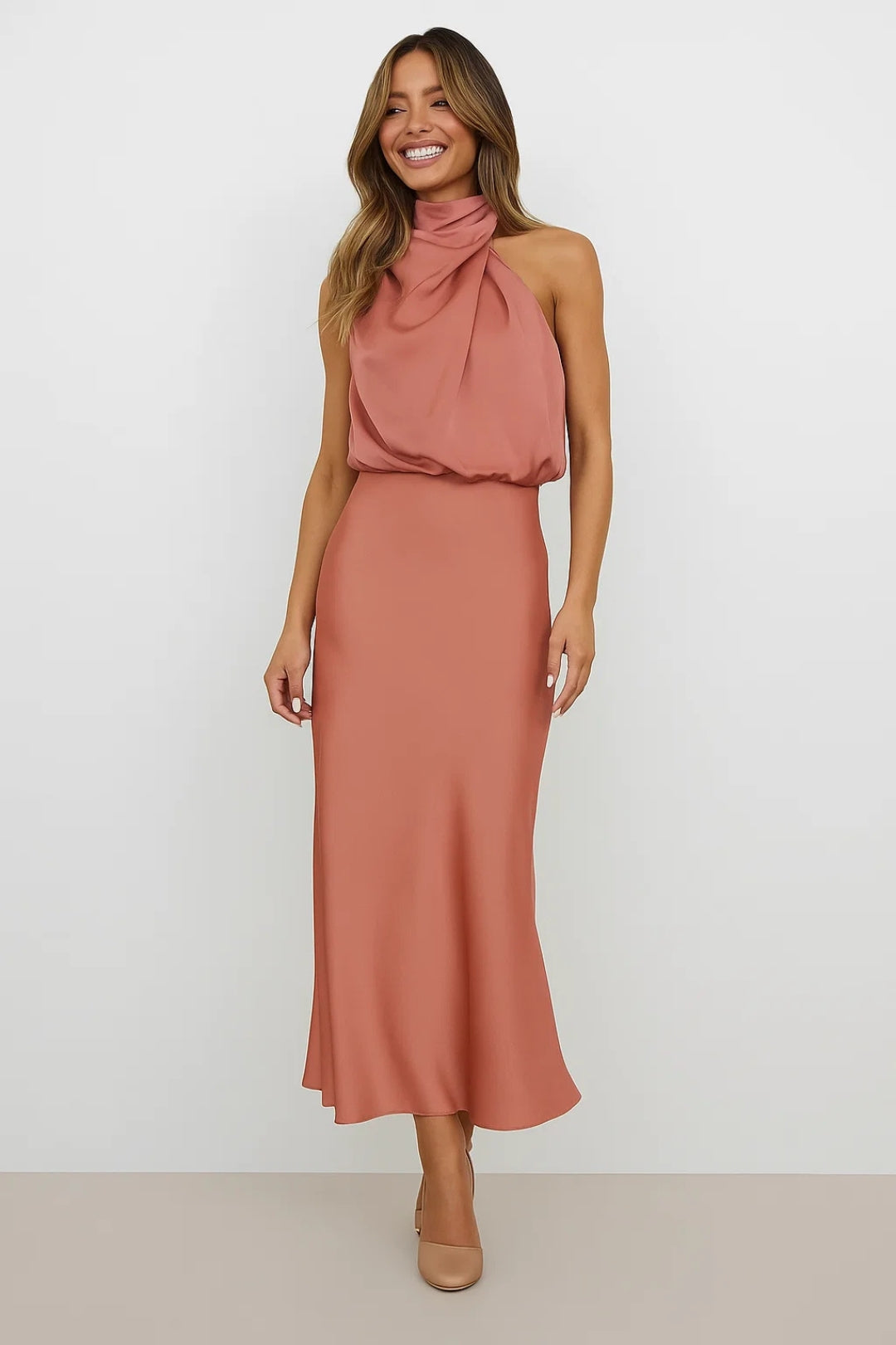 Long Satin Dress | Draped Neckline | Modern Elegance