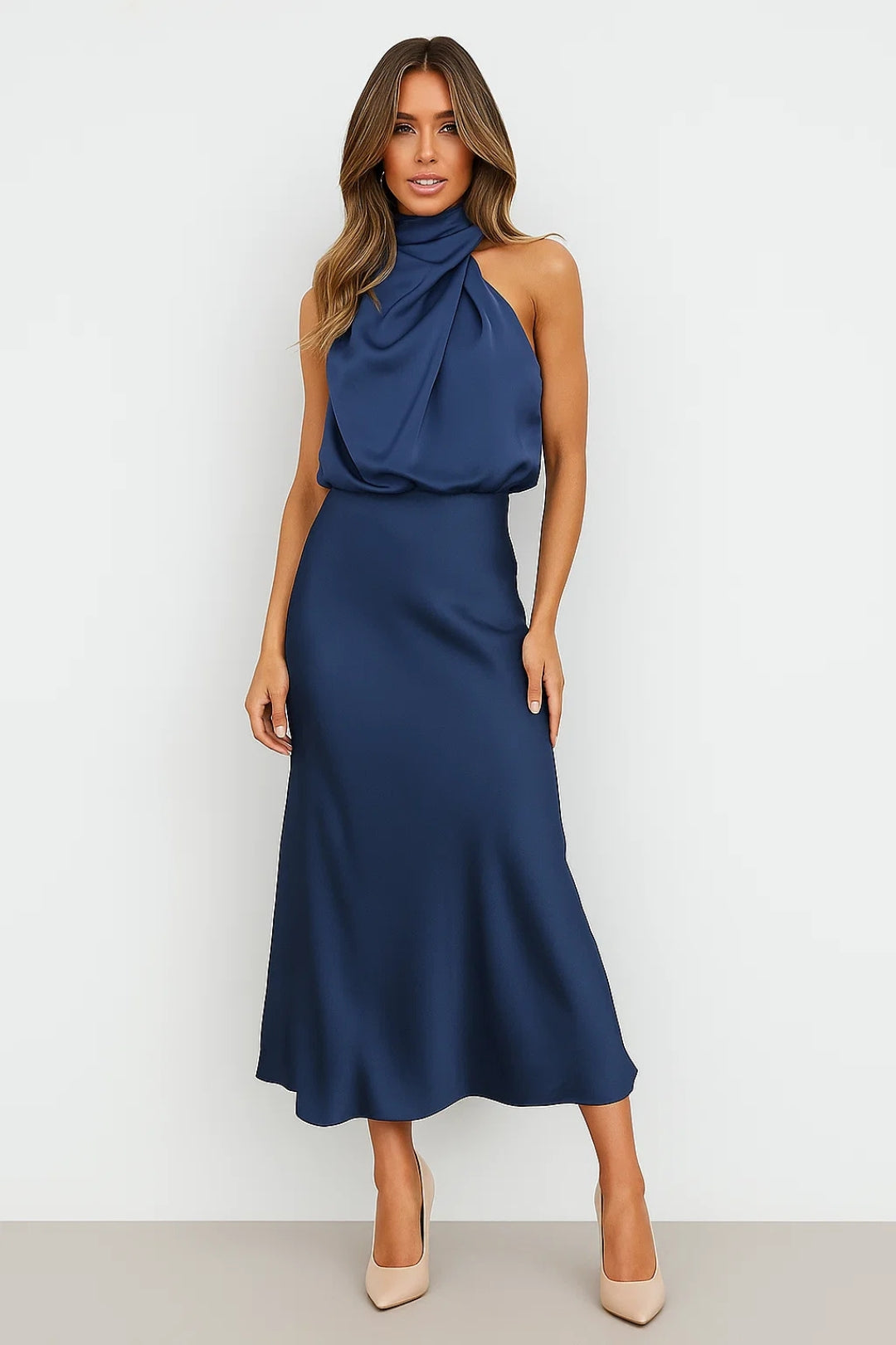 Long Satin Dress | Draped Neckline | Modern Elegance
