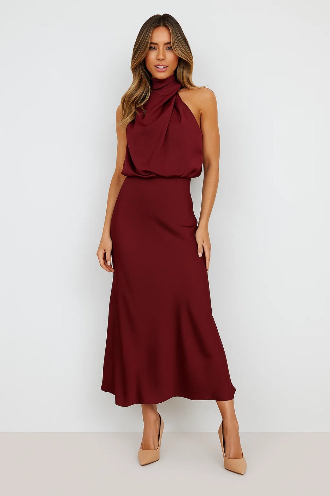 Long Satin Dress | Draped Neckline | Modern Elegance
