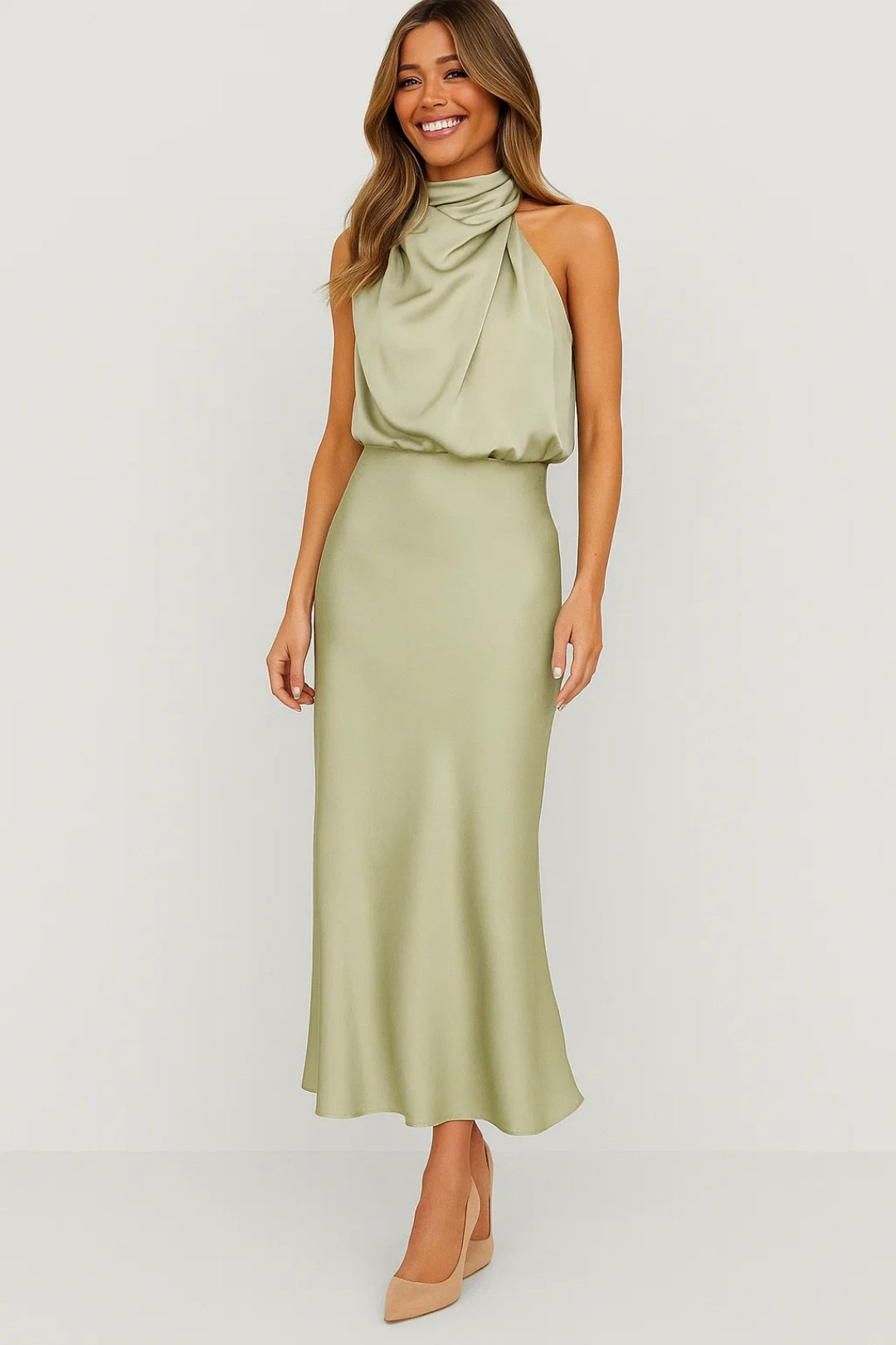 Long Satin Dress | Draped Neckline | Modern Elegance