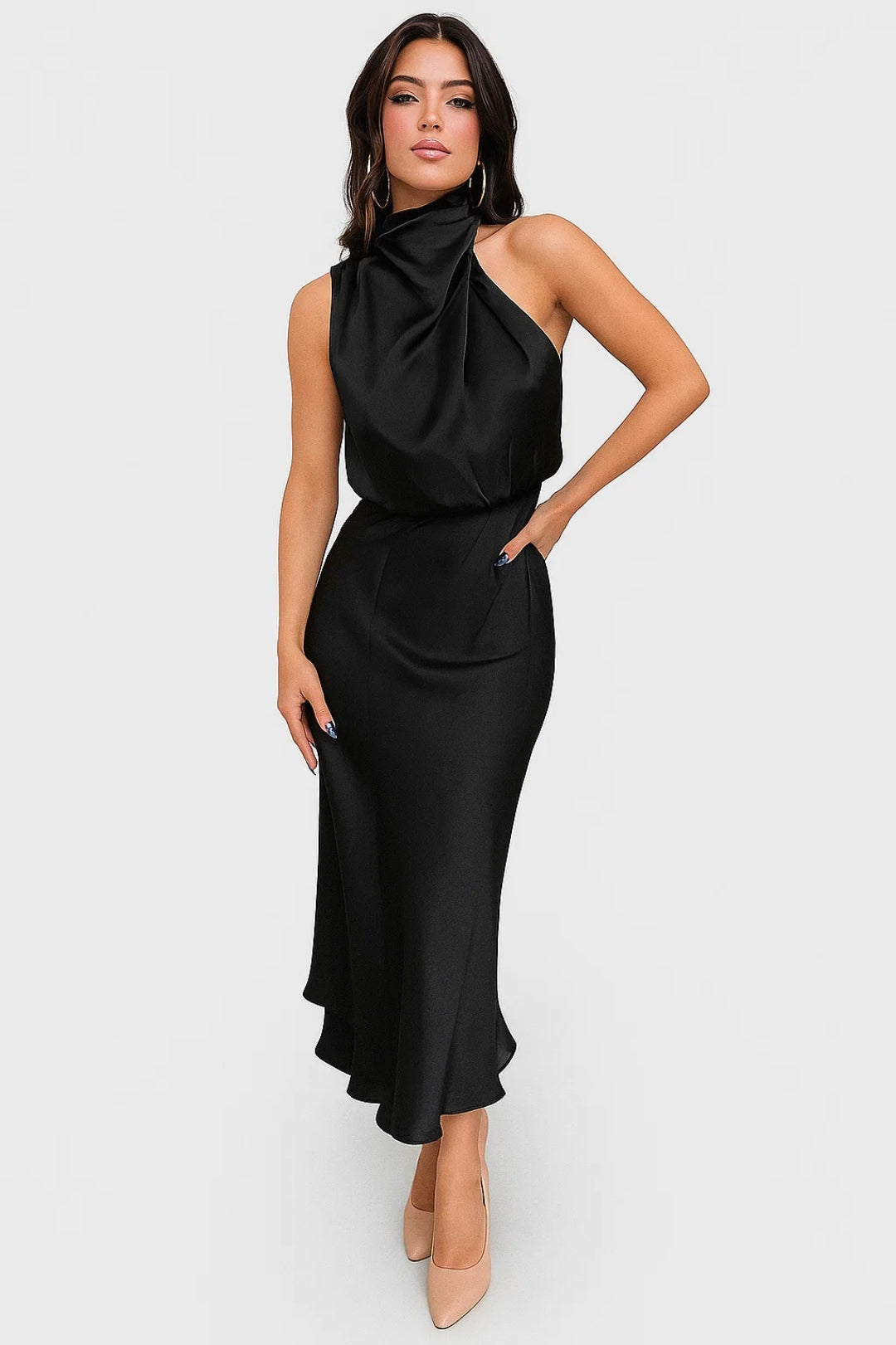 Long Satin Dress | Draped Neckline | Modern Elegance