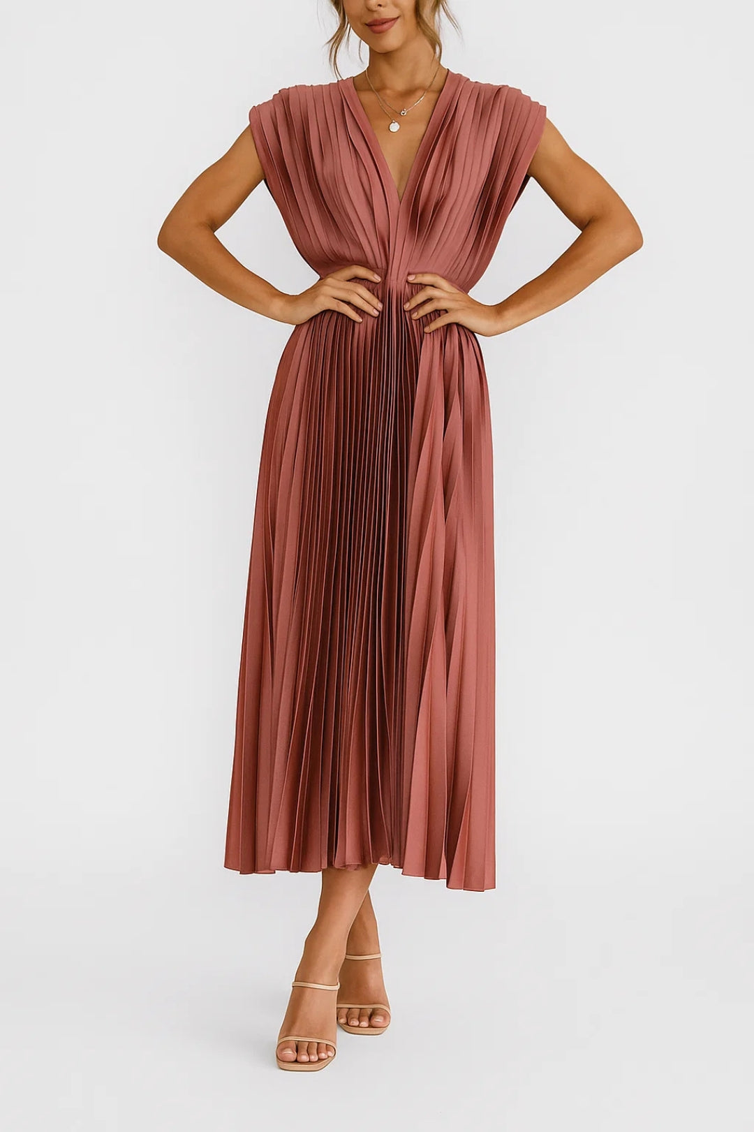 Midi Pleated Dress | Timeless Elegance | V-Neck and Highlighted Waist