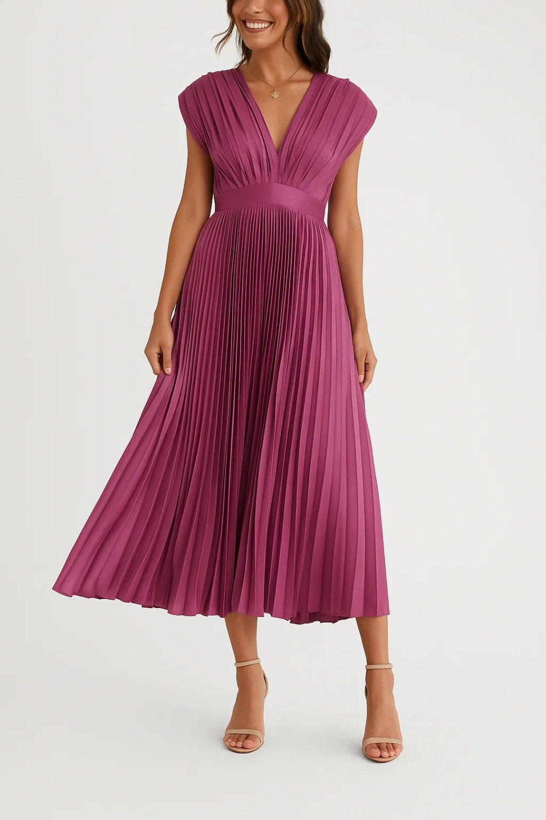 Midi Pleated Dress | Timeless Elegance | V-Neck and Highlighted Waist