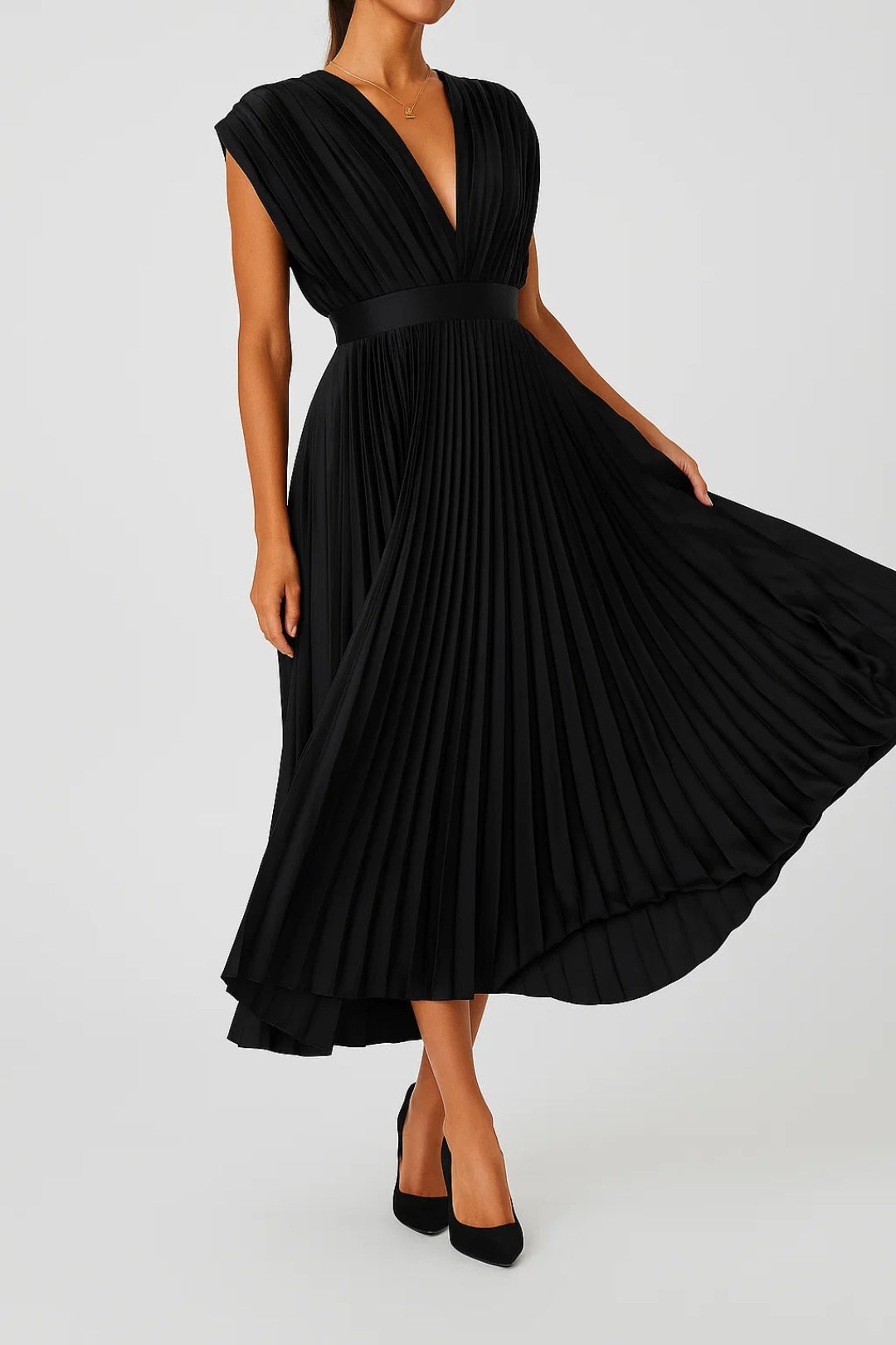 Midi Pleated Dress | Timeless Elegance | V-Neck and Highlighted Waist
