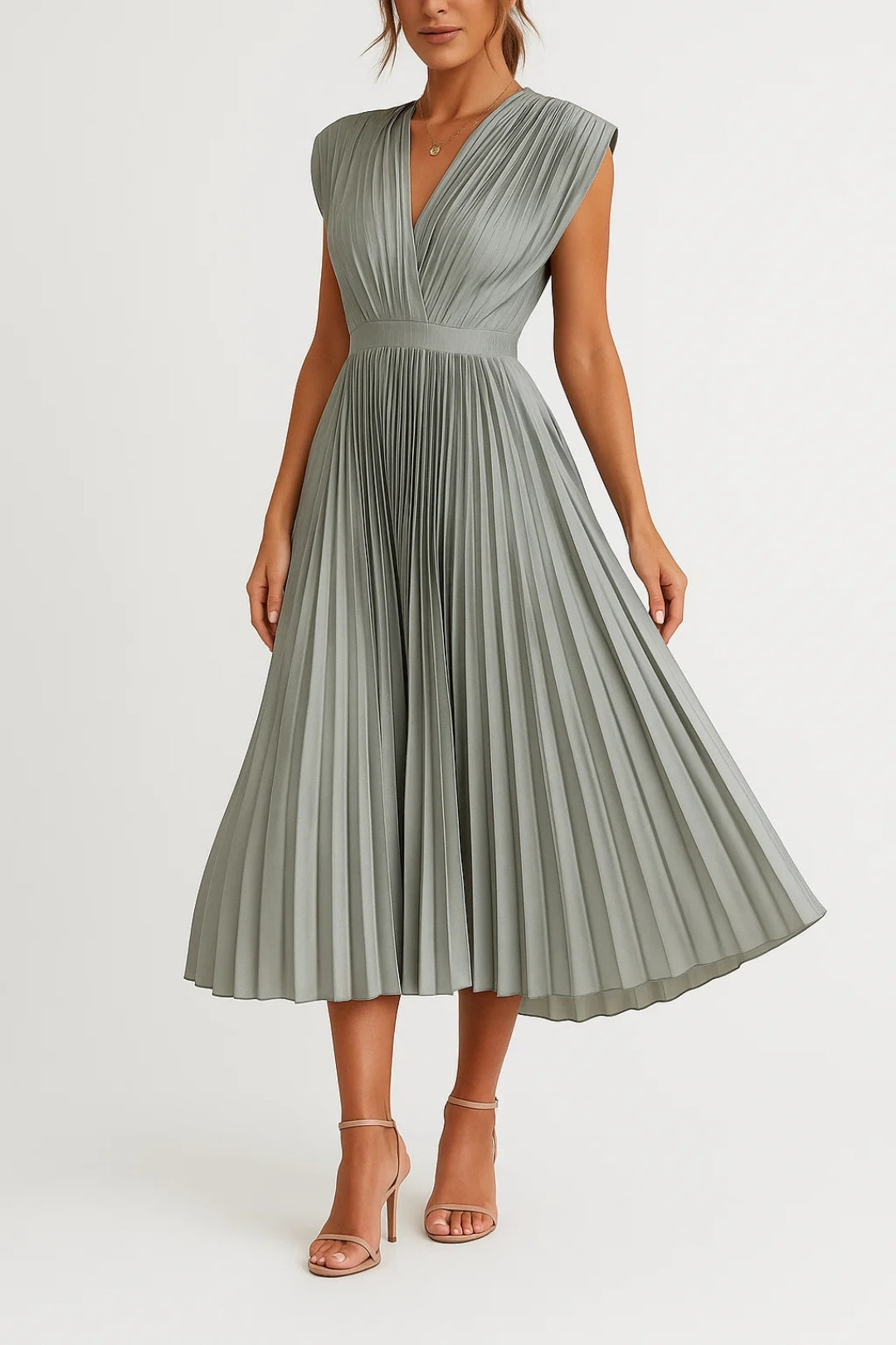 Midi Pleated Dress | Timeless Elegance | V-Neck and Highlighted Waist