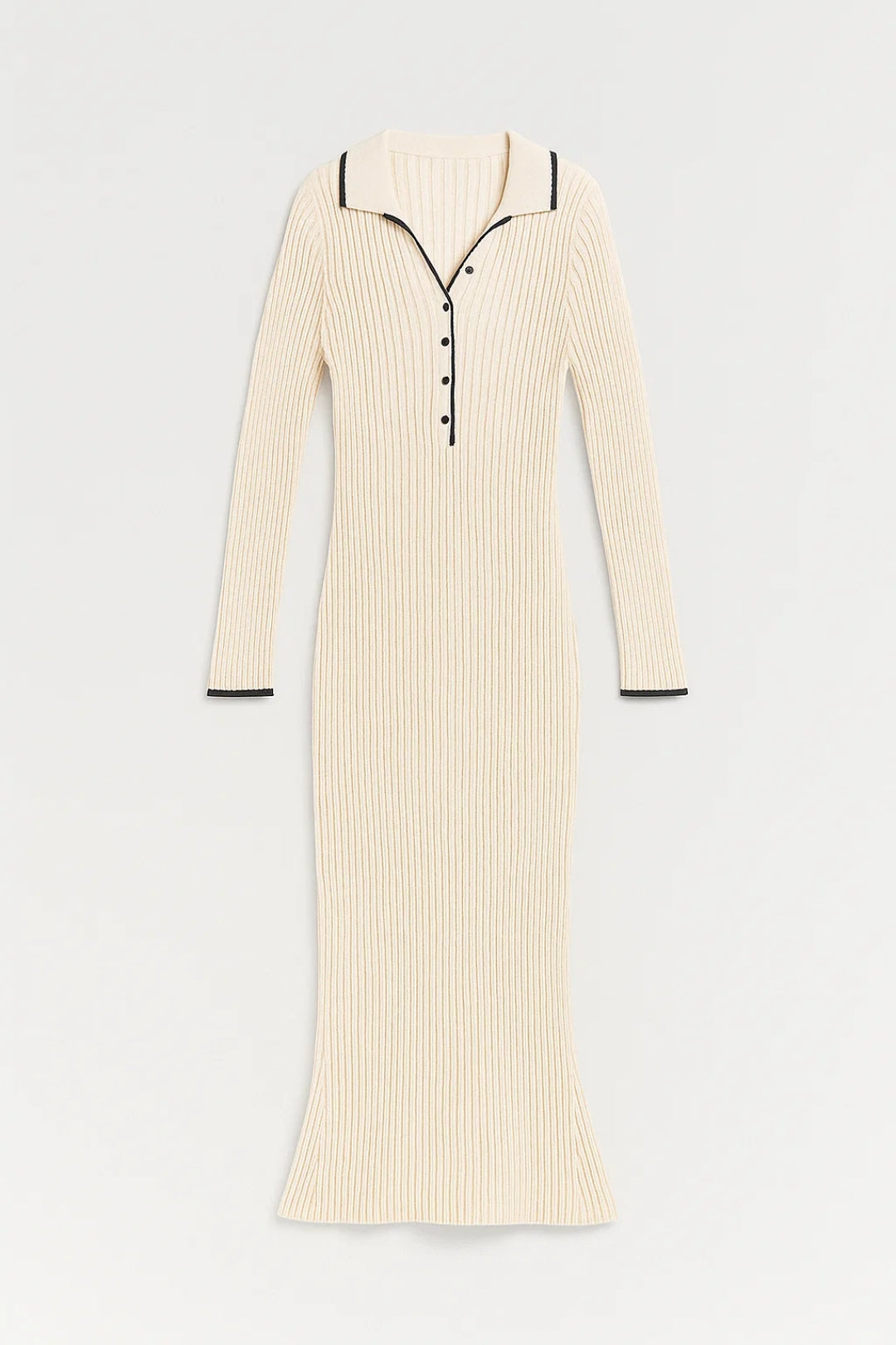 Long ribbed knit dress | Contrast collar | Elegant and enveloping