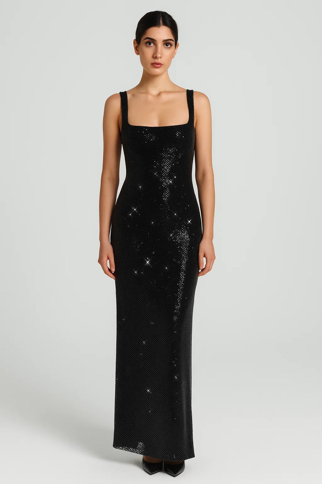 Long Fitted Dress with Sequins | Square Neckline | Elegant and Sparkling
