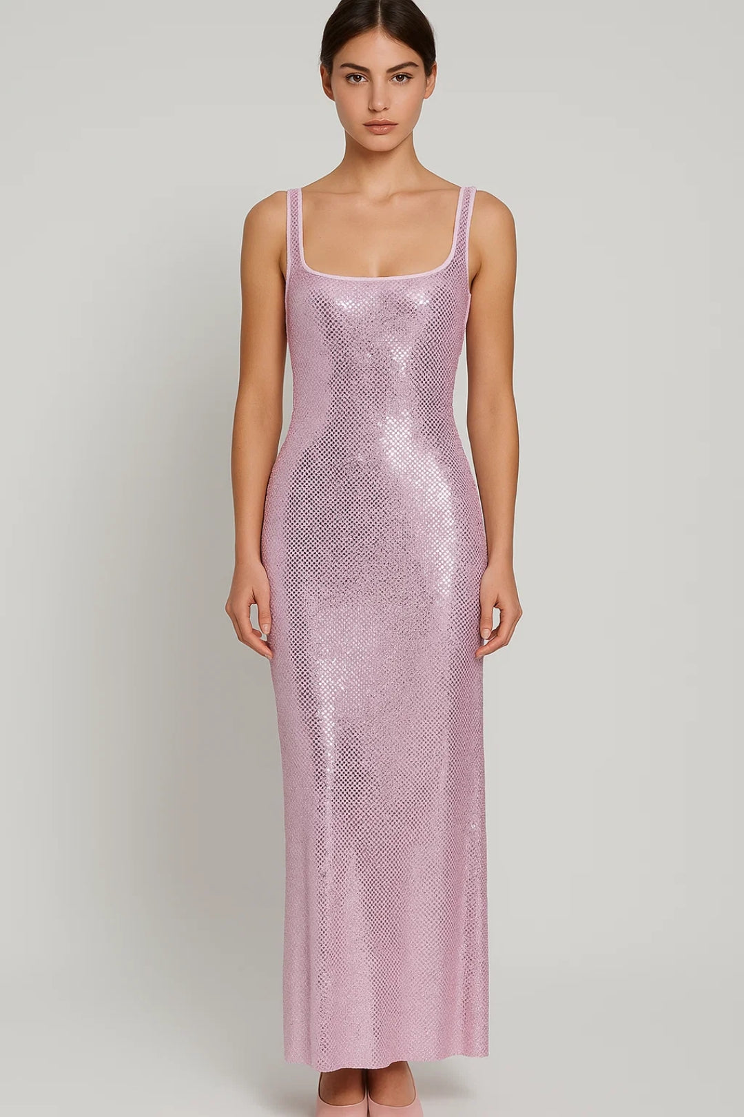 Long Fitted Dress with Sequins | Square Neckline | Elegant and Sparkling