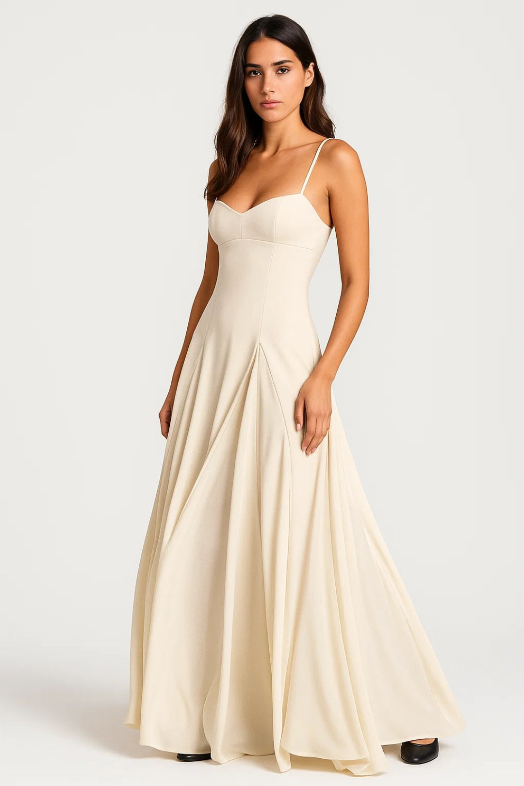 Long Cream Dress | Thin Straps | Flared Flowing Skirt