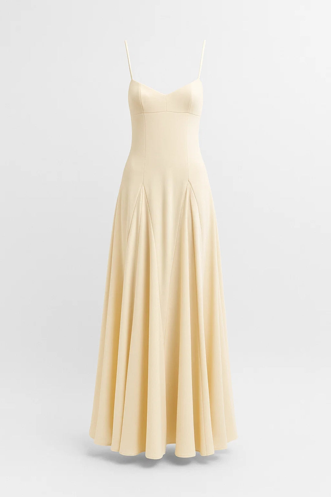 Long Cream Dress | Thin Straps | Flared Flowing Skirt