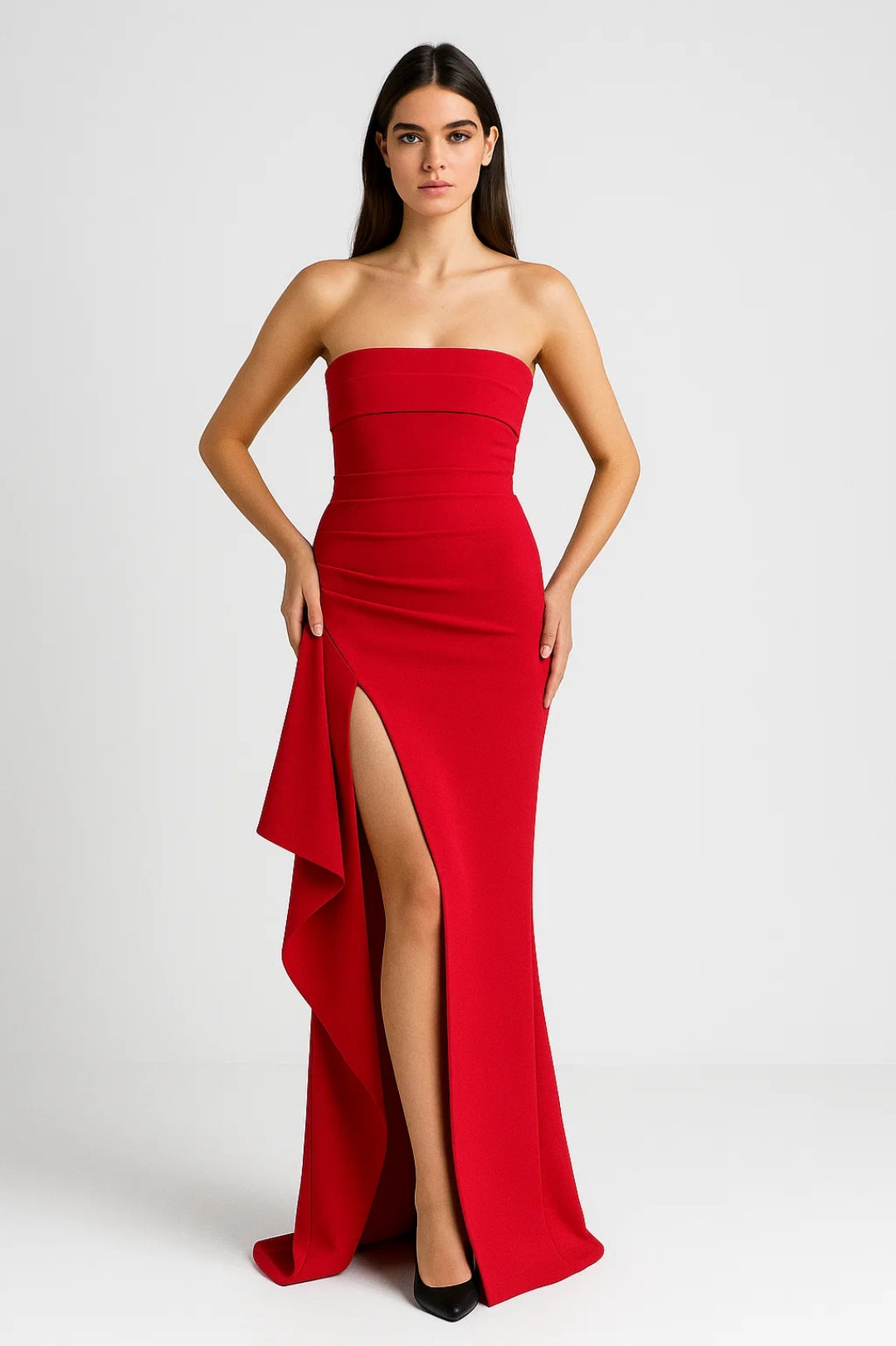 Long dress with side slit and ruffle | Strapless | Fitted style