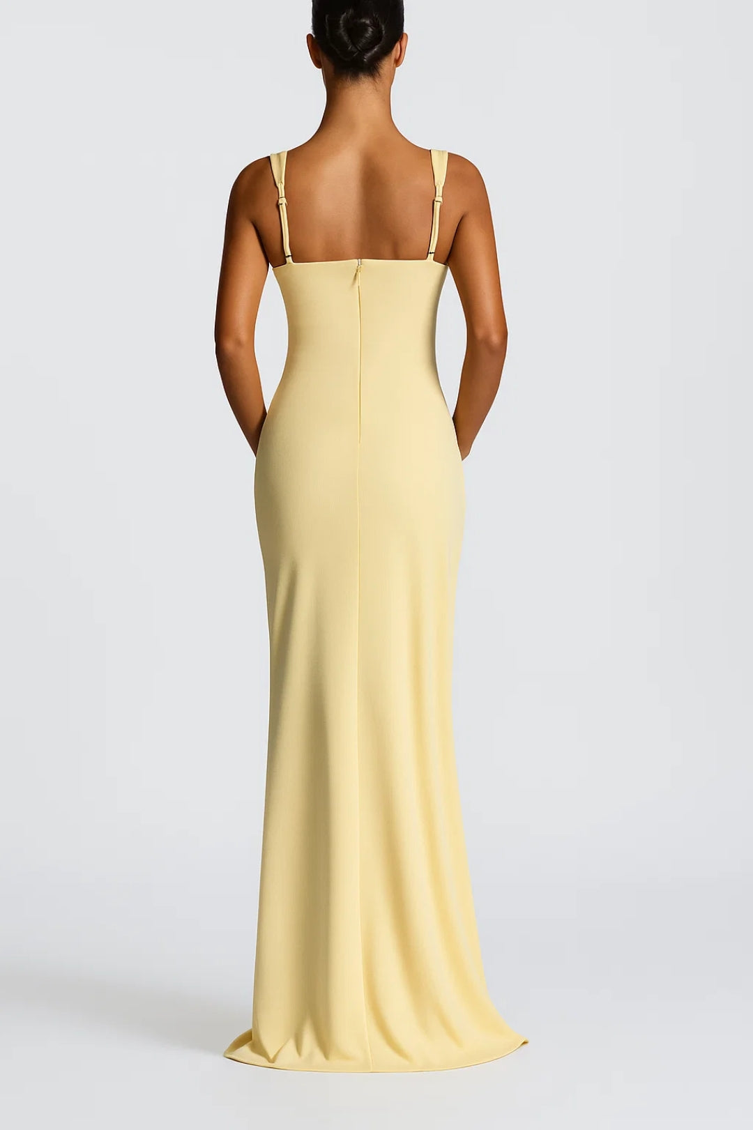 Long dress with side slit | Straight neckline | Fitted style