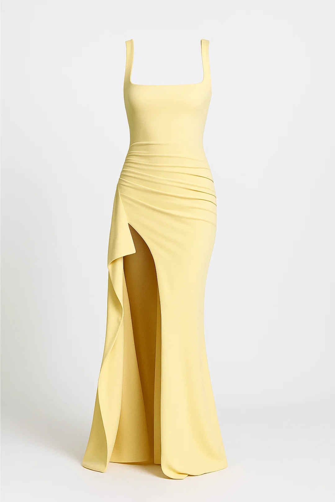 Long dress with side slit | Straight neckline | Fitted style