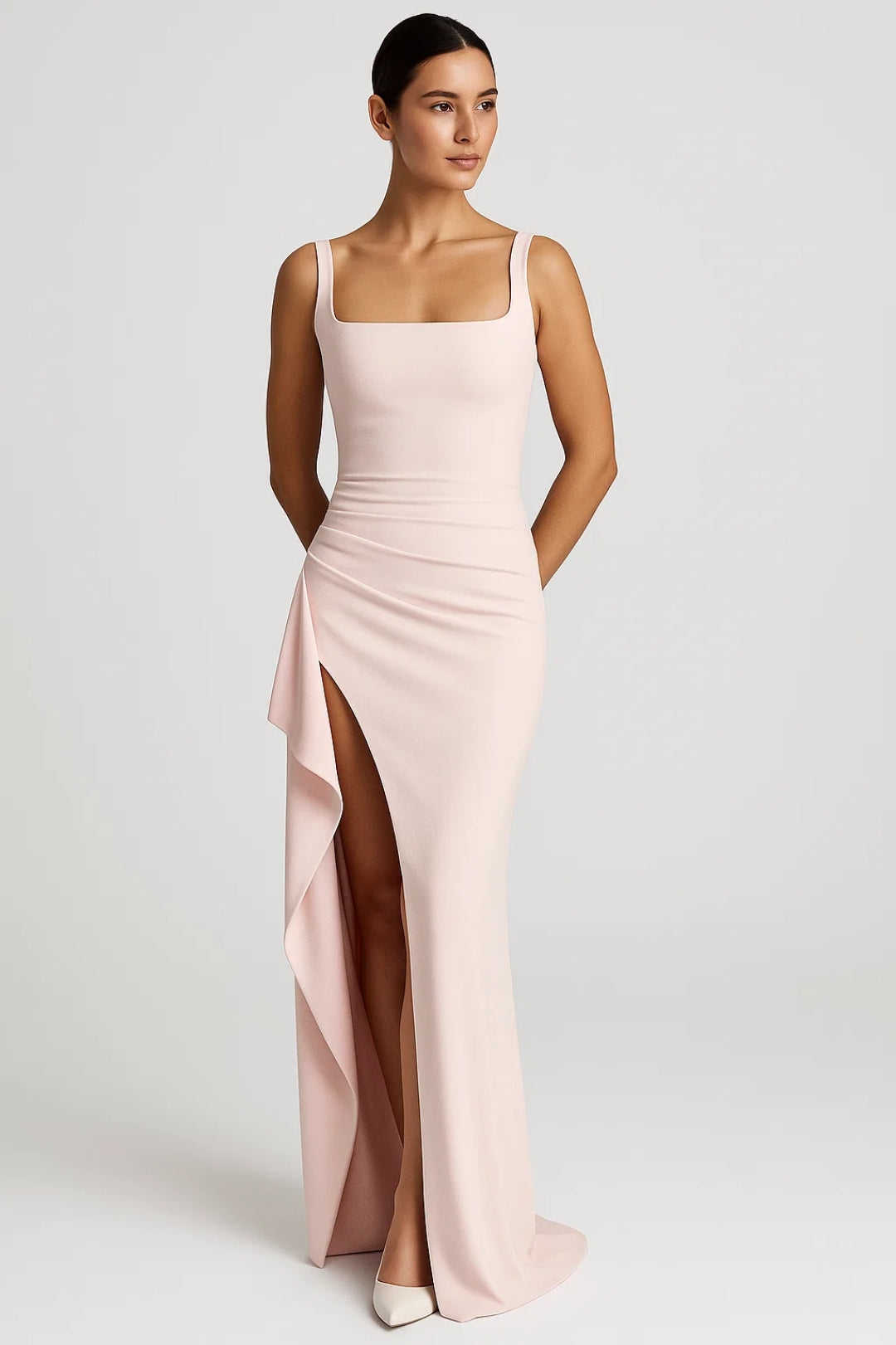 Long dress with side slit | Straight neckline | Fitted style