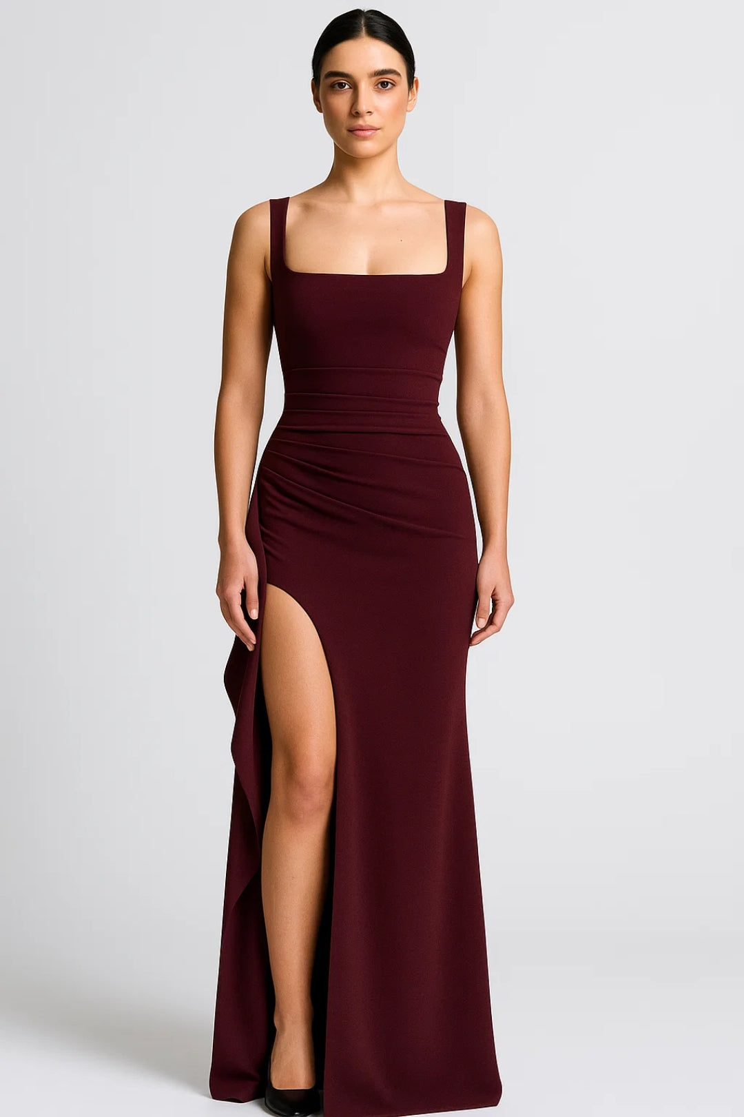 Long dress with side slit | Straight neckline | Fitted style