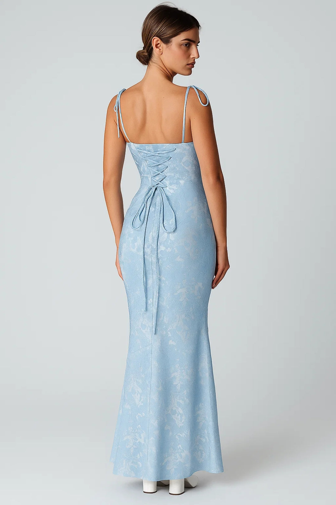 Long dress with thin knotted straps | Floral jacquard | Feminine elegance