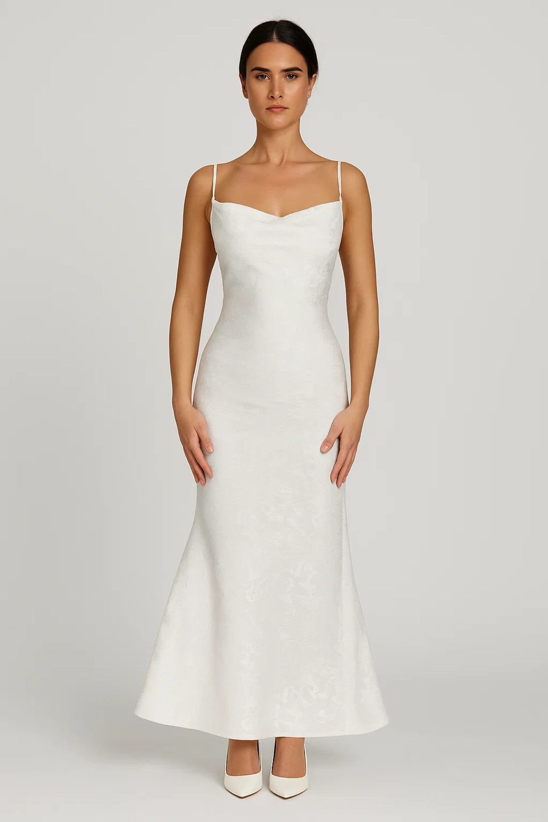 Long dress with thin knotted straps | Floral jacquard | Feminine elegance