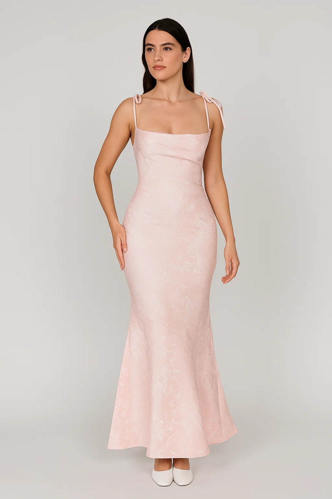 Long dress with thin knotted straps | Floral jacquard | Feminine elegance