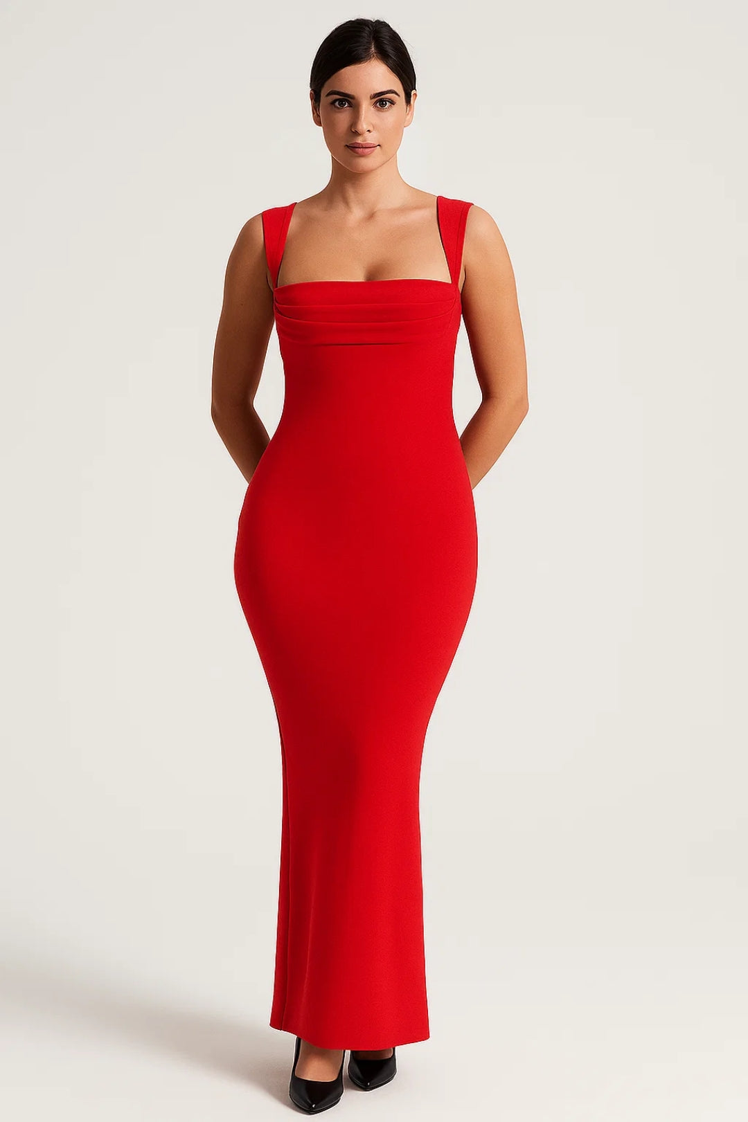 Long fitted dress with wide straps and square neckline | Minimalist elegance