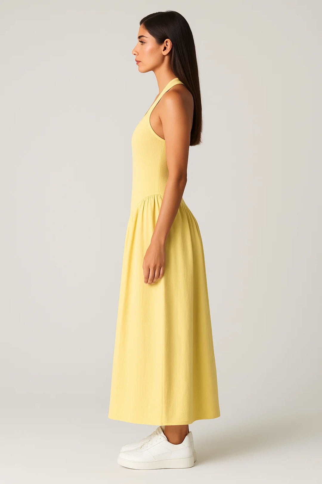 Yellow long dress with American neckline | Summer and minimal style