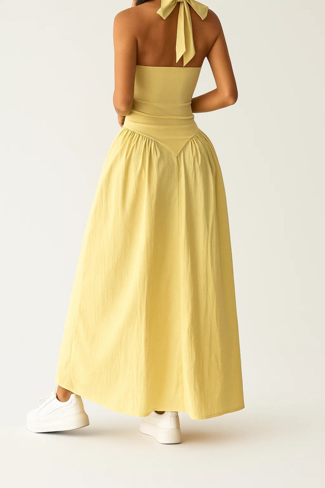 Yellow long dress with American neckline | Summer and minimal style