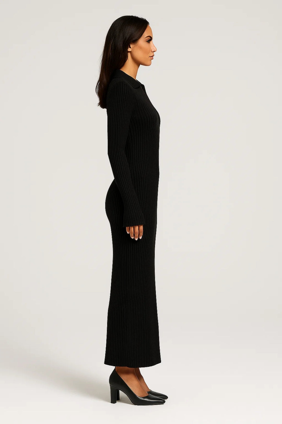 Long ribbed knit dress | Deep V-neck | Flared long sleeves