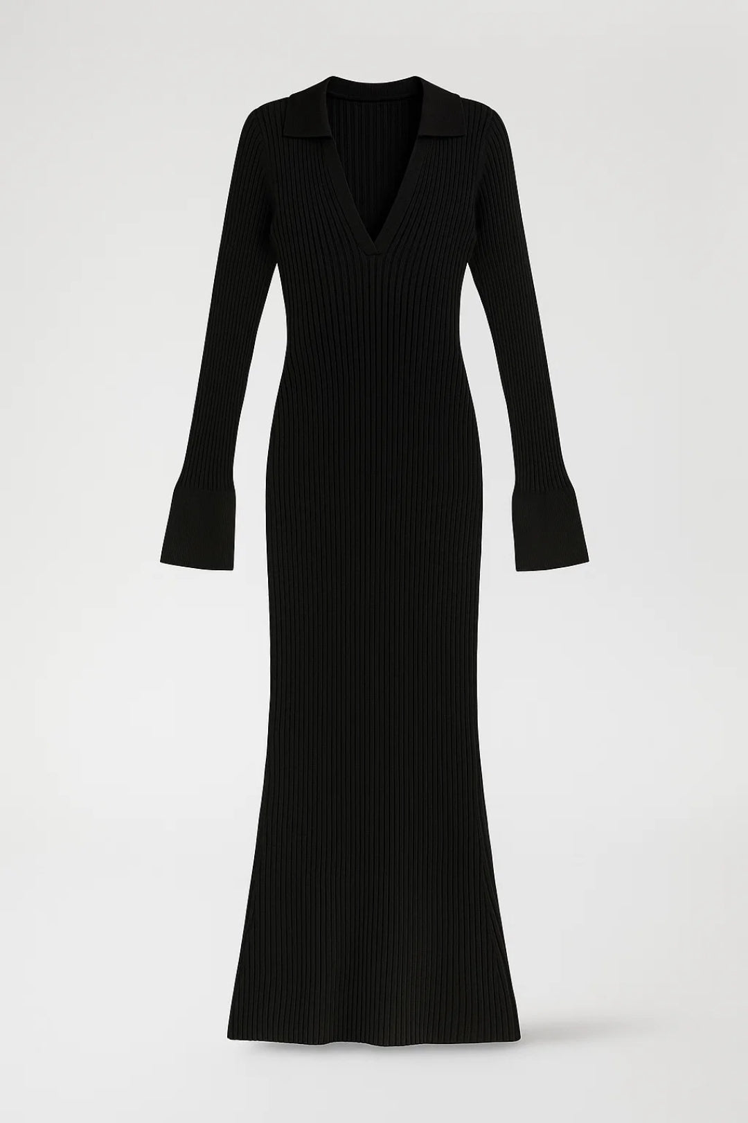 Long ribbed knit dress | Deep V-neck | Flared long sleeves
