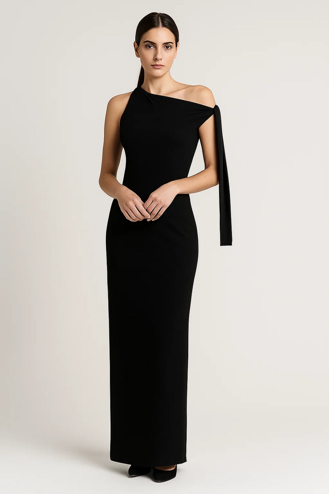 One-Shoulder Long Dress with Bow | Minimal Elegance and Fitted Silhouette
