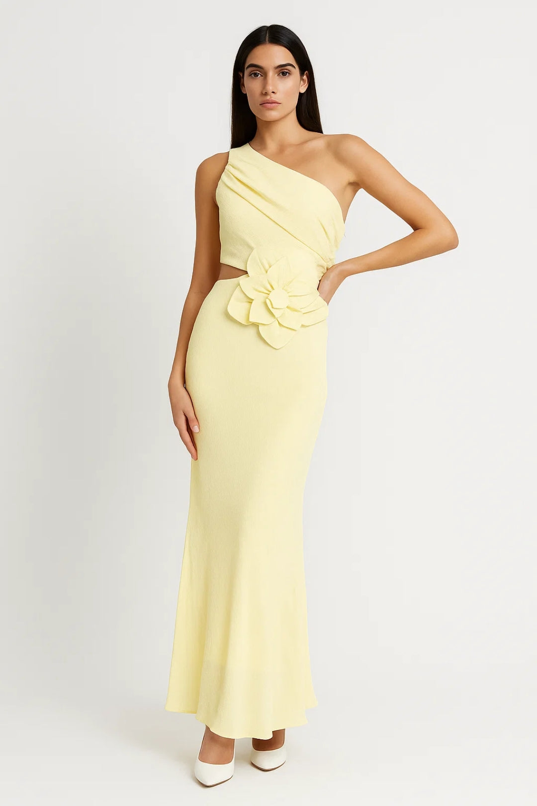 One-Shoulder Long Dress with 3D Flower | Summer Elegance with Cut-Out Detail