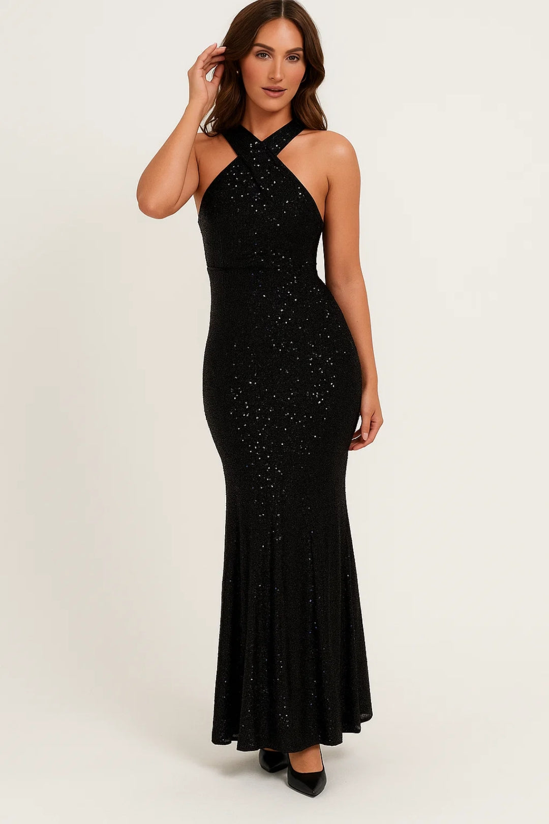 Shimmering Long Dress with Crossed Back Neckline