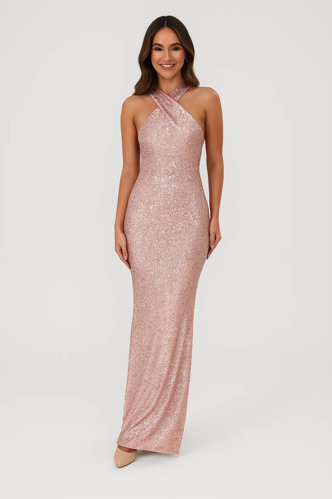 Shimmering Long Dress with Crossed Back Neckline