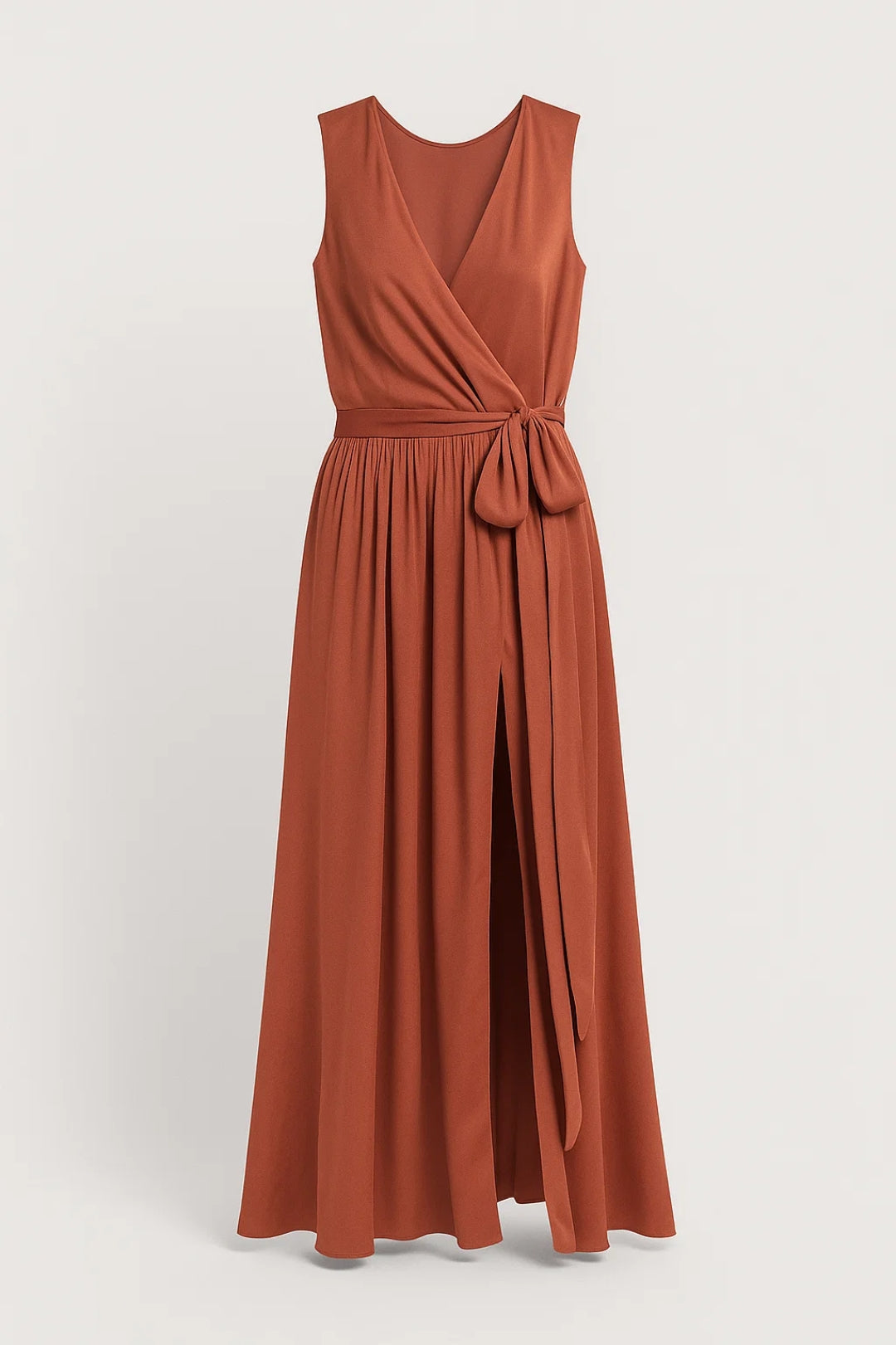 Long terracotta dress with a slit | Crossed closure with belt | Sleeveless