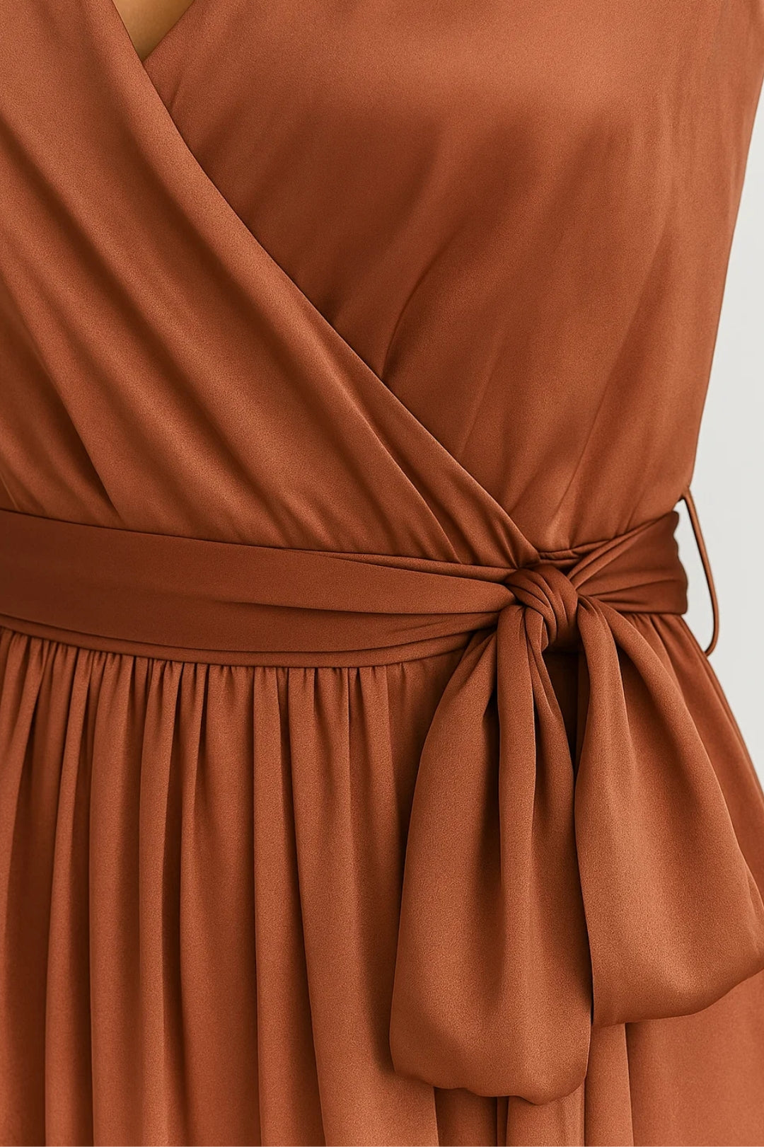Long terracotta dress with a slit | Crossed closure with belt | Sleeveless
