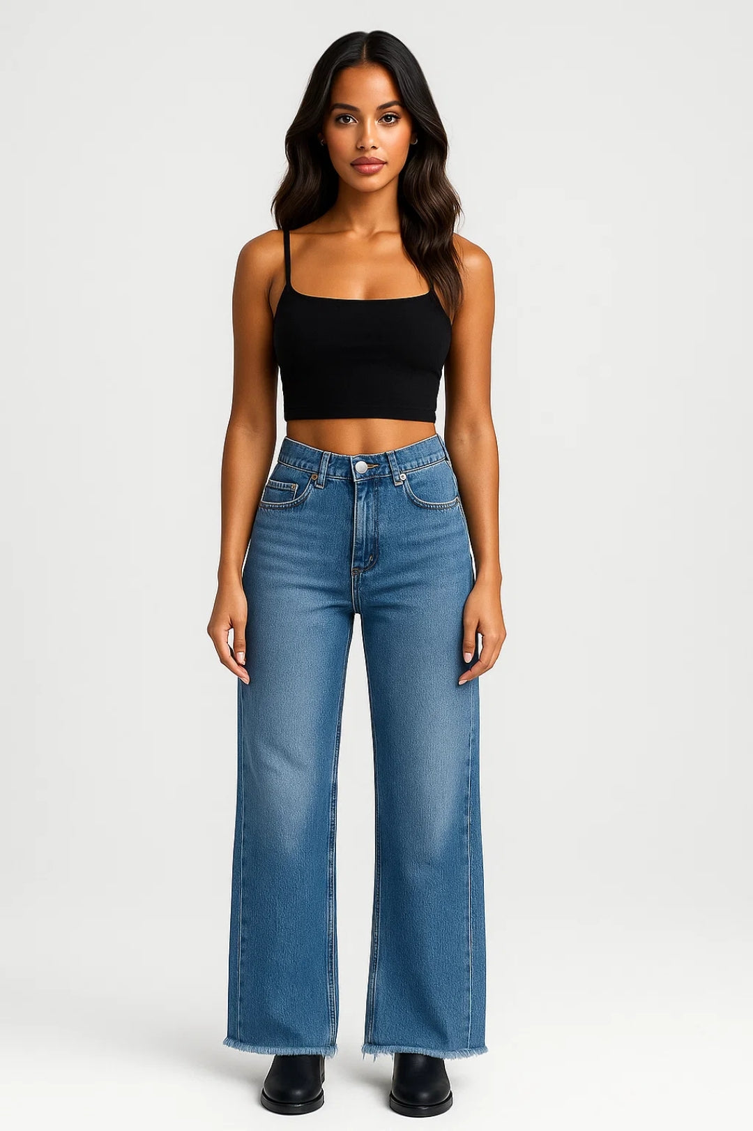 High-waisted jeans with frayed hem and wide leg | Casual style with character