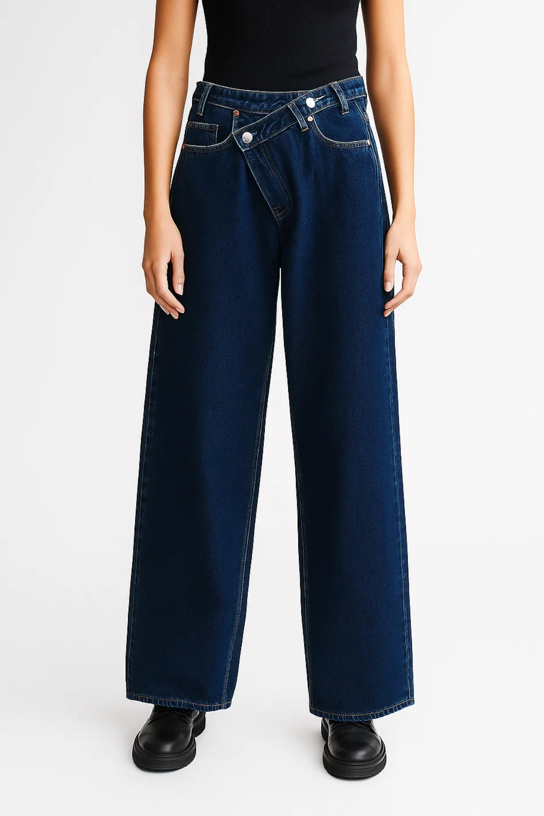 Wide Leg Jeans with Asymmetric Closure | High Waist | Light or Dark Denim