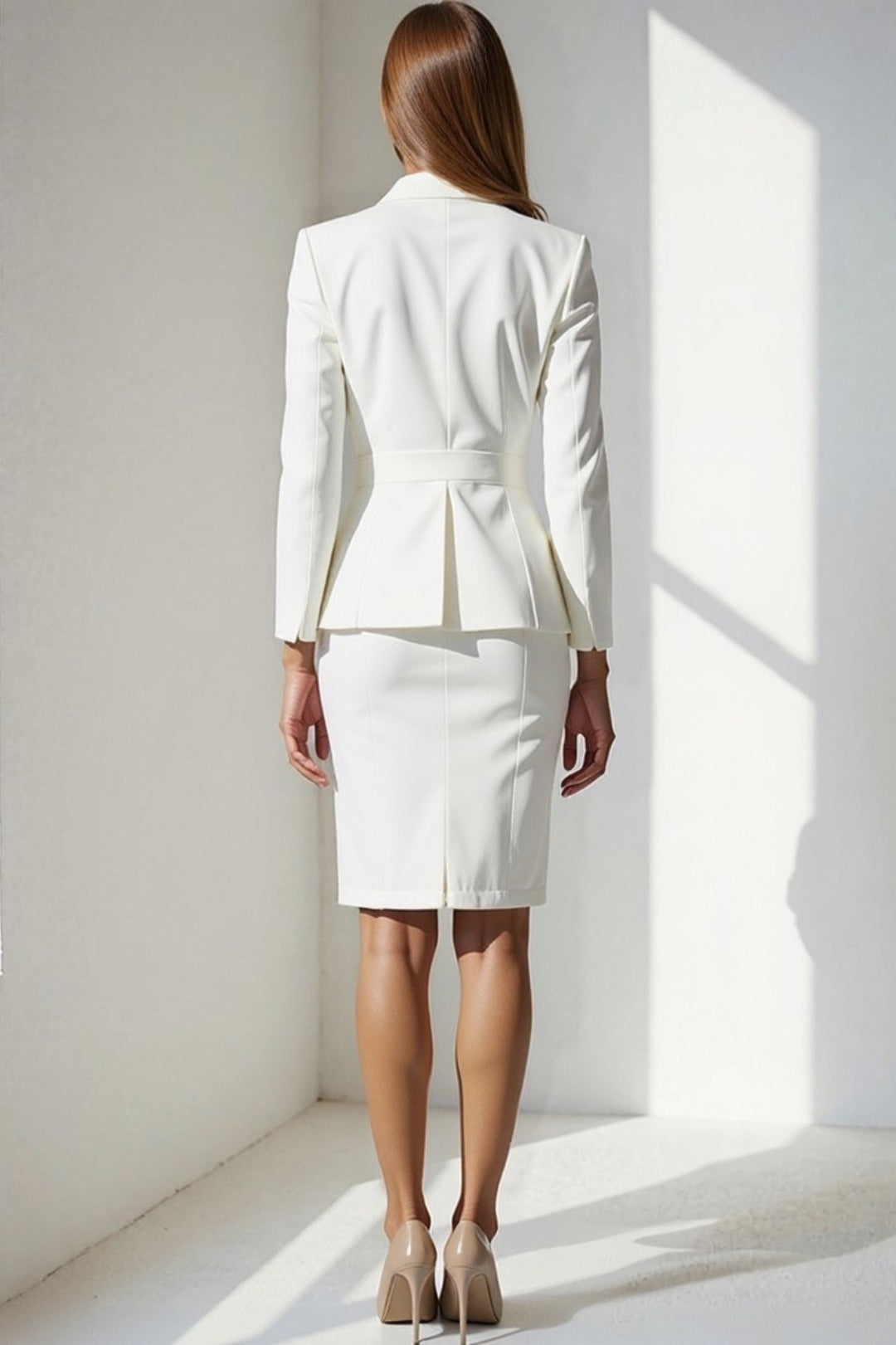 Elegant Ivory Suit | Fitted Blazer and Coordinated Midi Skirt