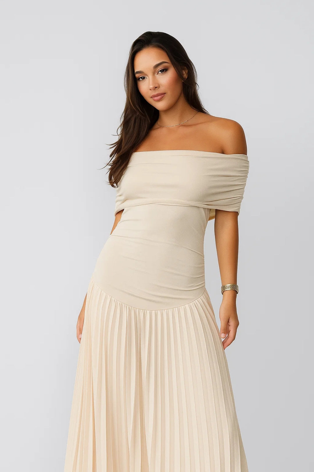 Long Bardot Dress | Pleated | Shoulderless Elegance