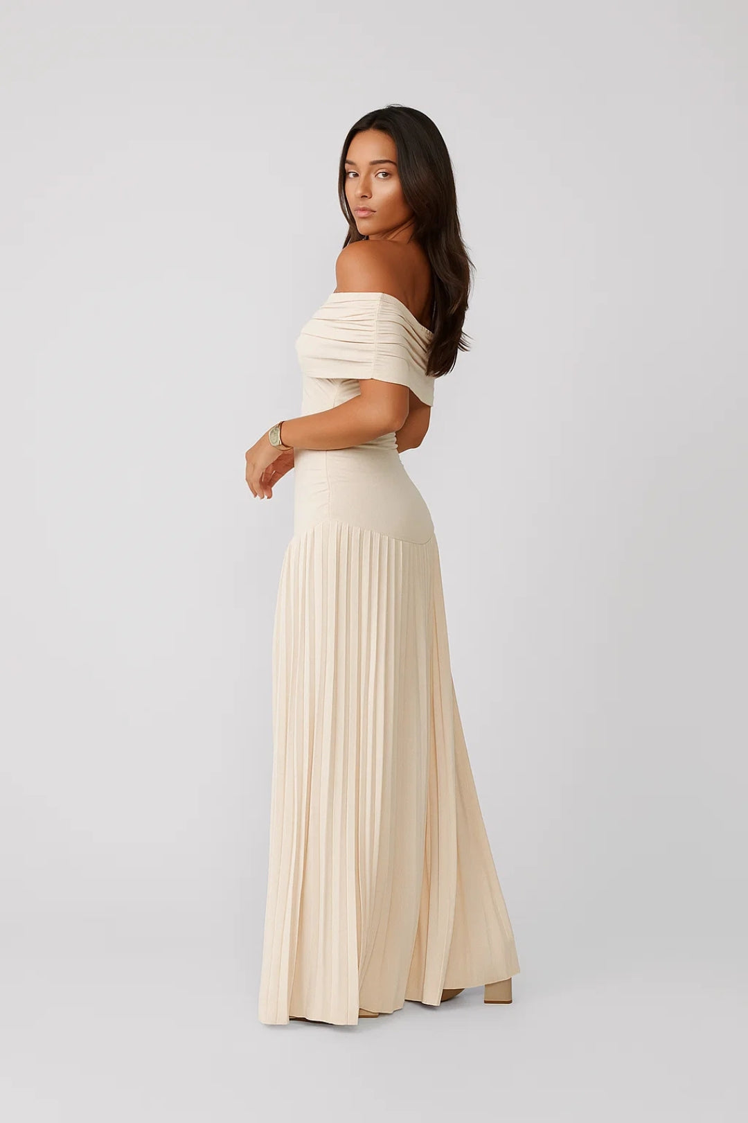 Long Bardot Dress | Pleated | Shoulderless Elegance
