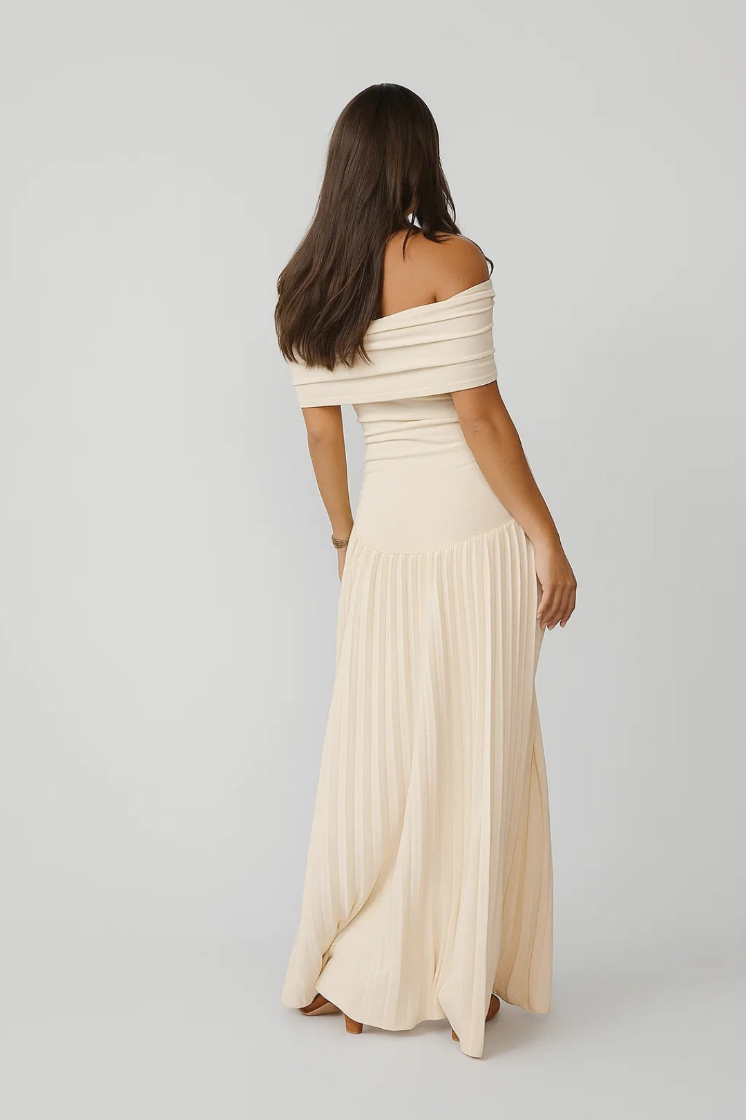 Long Bardot Dress | Pleated | Shoulderless Elegance