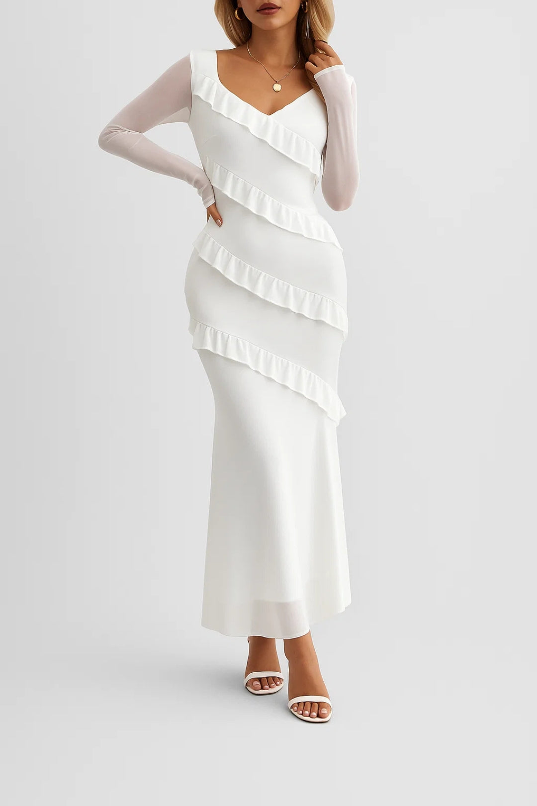 Long Dress with Ruffles | Elegant and Flowing | Long Sleeves and V-Neck