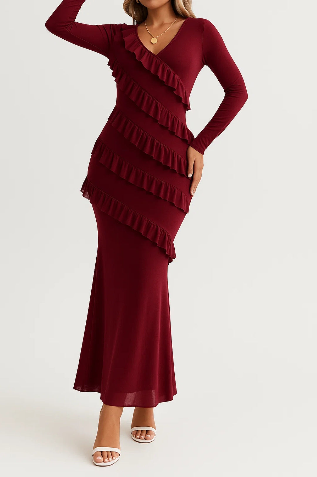 Long Dress with Ruffles | Elegant and Flowing | Long Sleeves and V-Neck