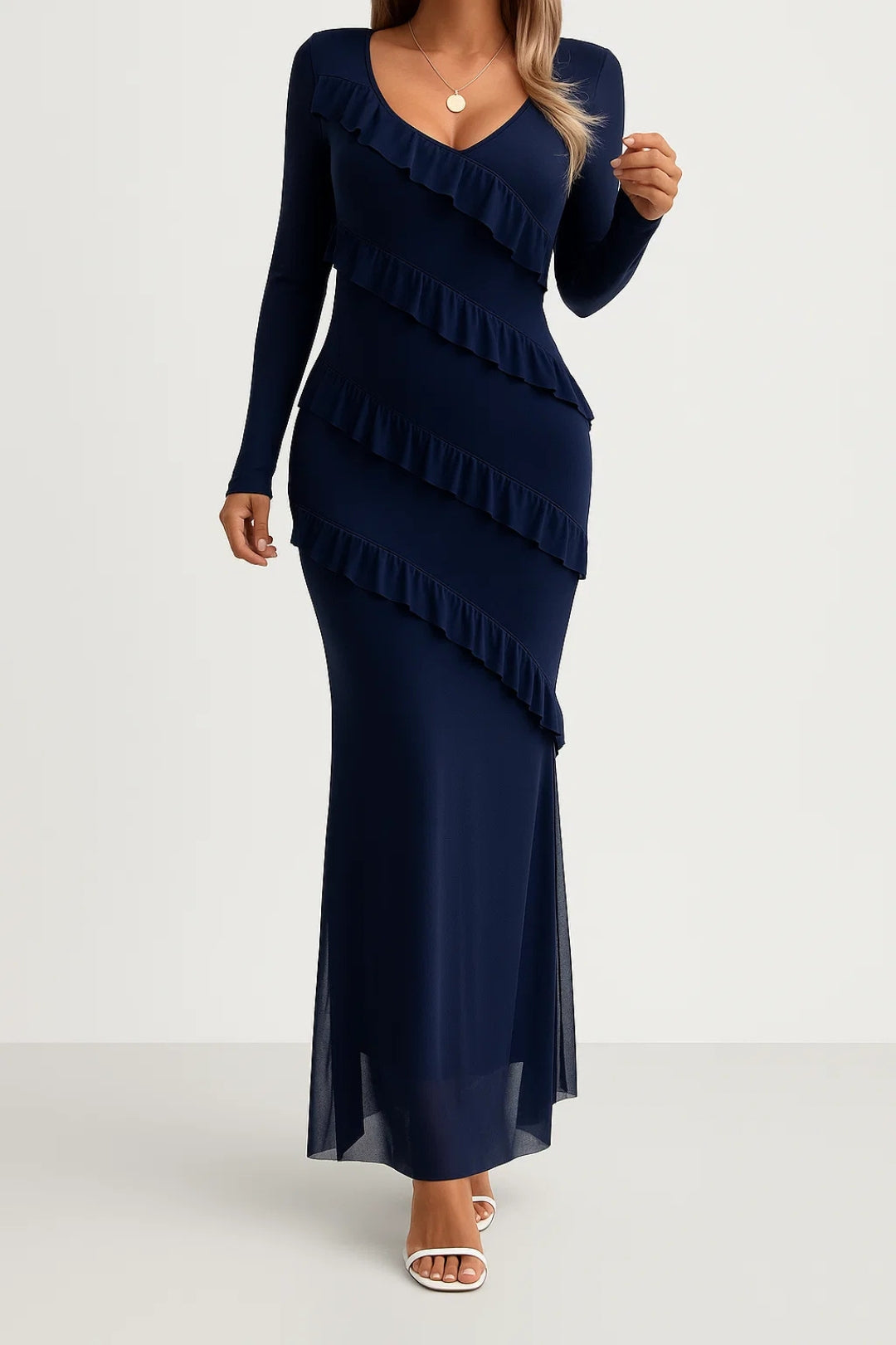 Long Dress with Ruffles | Elegant and Flowing | Long Sleeves and V-Neck