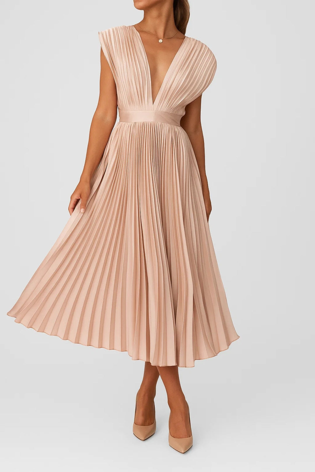 Midi Pleated Dress | Timeless Elegance | V-Neck and Highlighted Waist