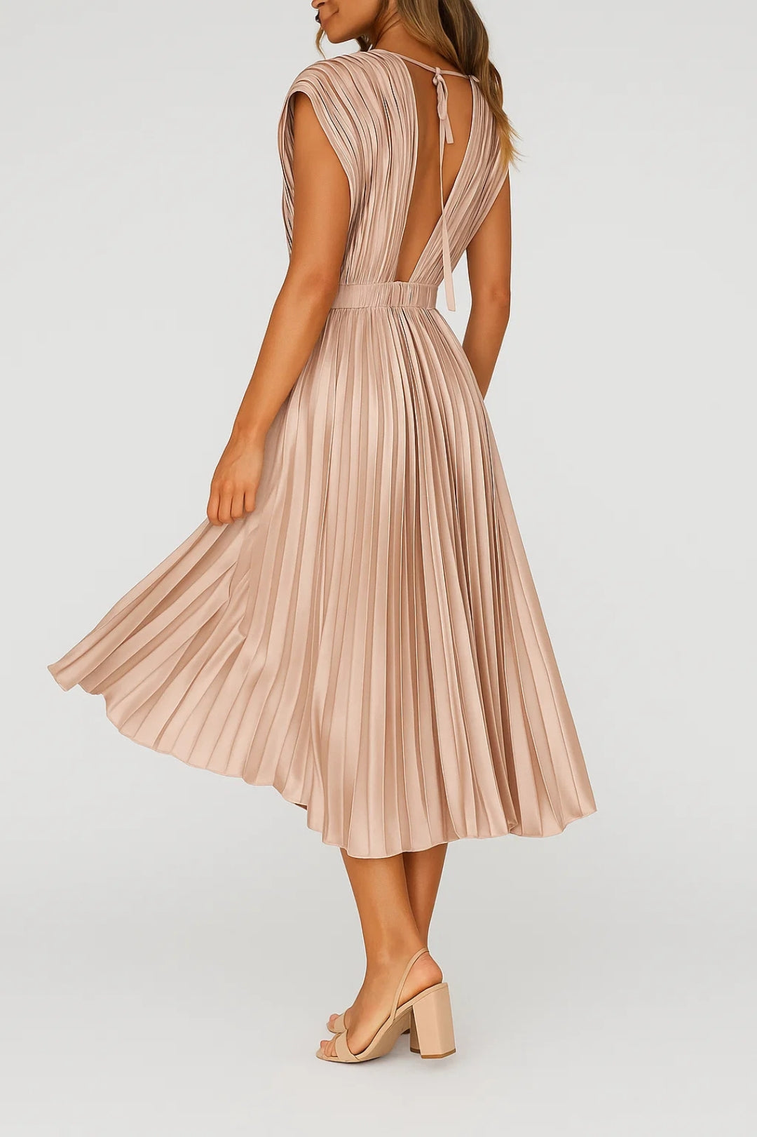 Midi Pleated Dress | Timeless Elegance | V-Neck and Highlighted Waist