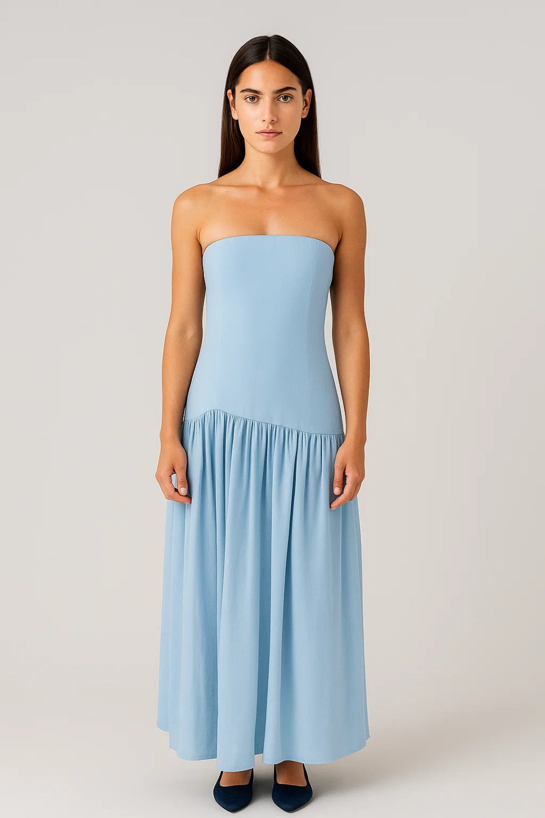 Long strapless bandeau dress | Flared ruffled skirt | Minimal summer look