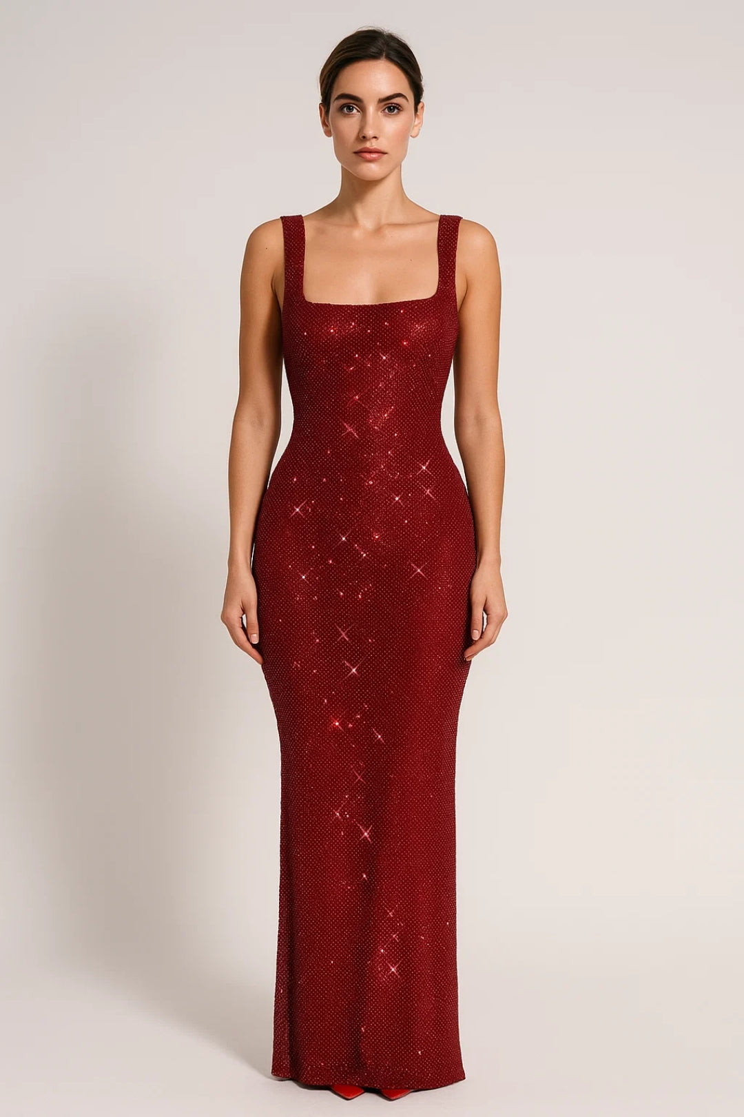 Long Fitted Dress with Sequins | Square Neckline | Elegant and Sparkling