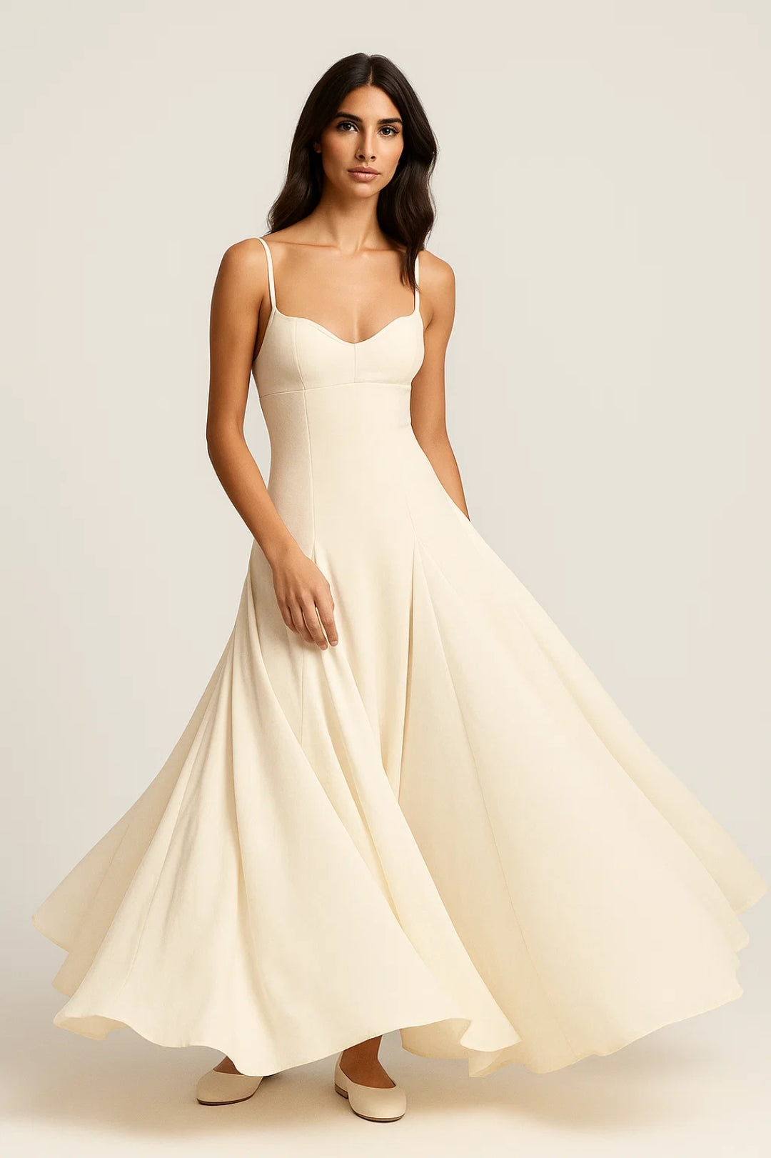 Long Cream Dress | Thin Straps | Flared Flowing Skirt
