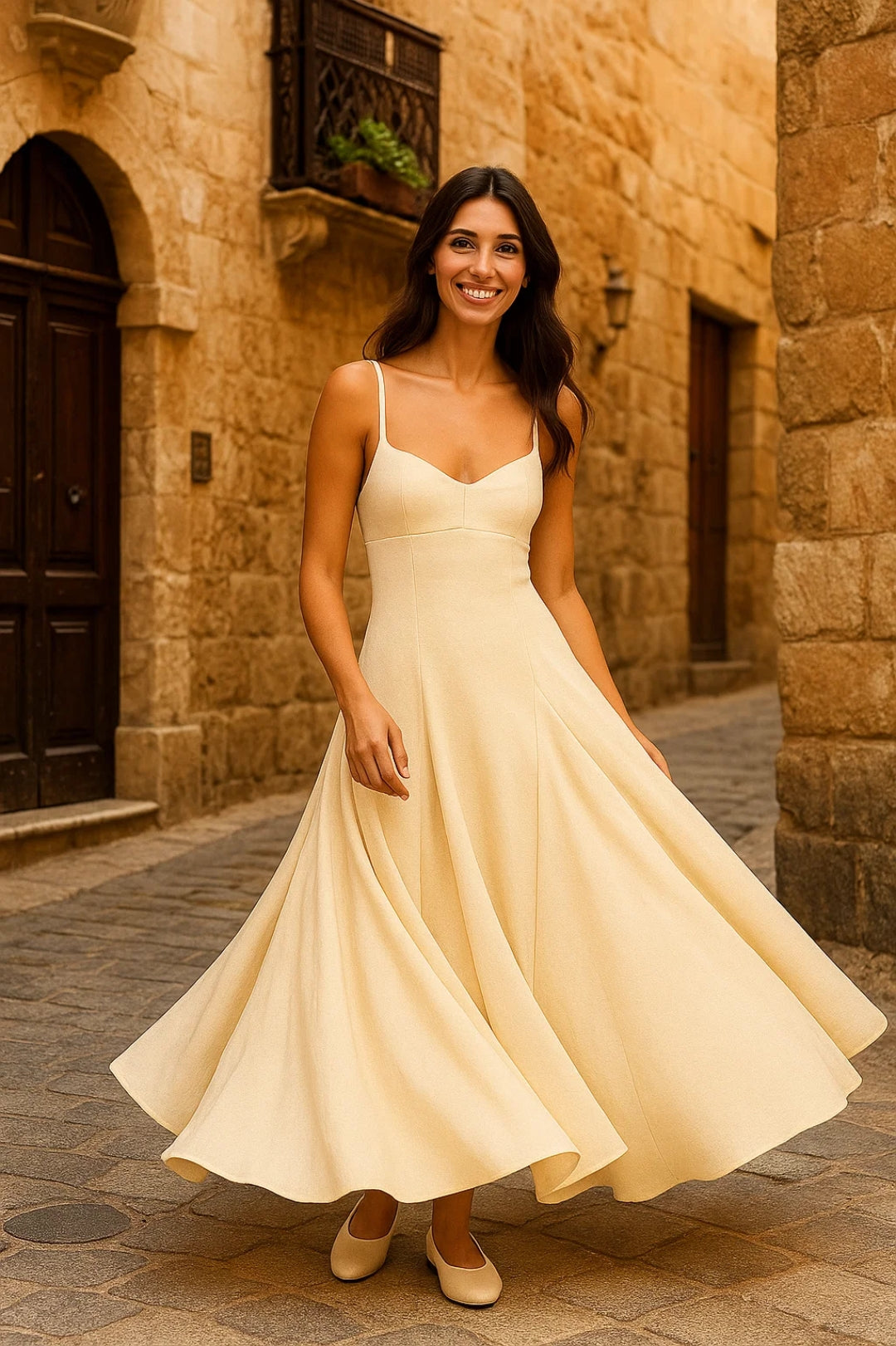 Long Cream Dress | Thin Straps | Flared Flowing Skirt